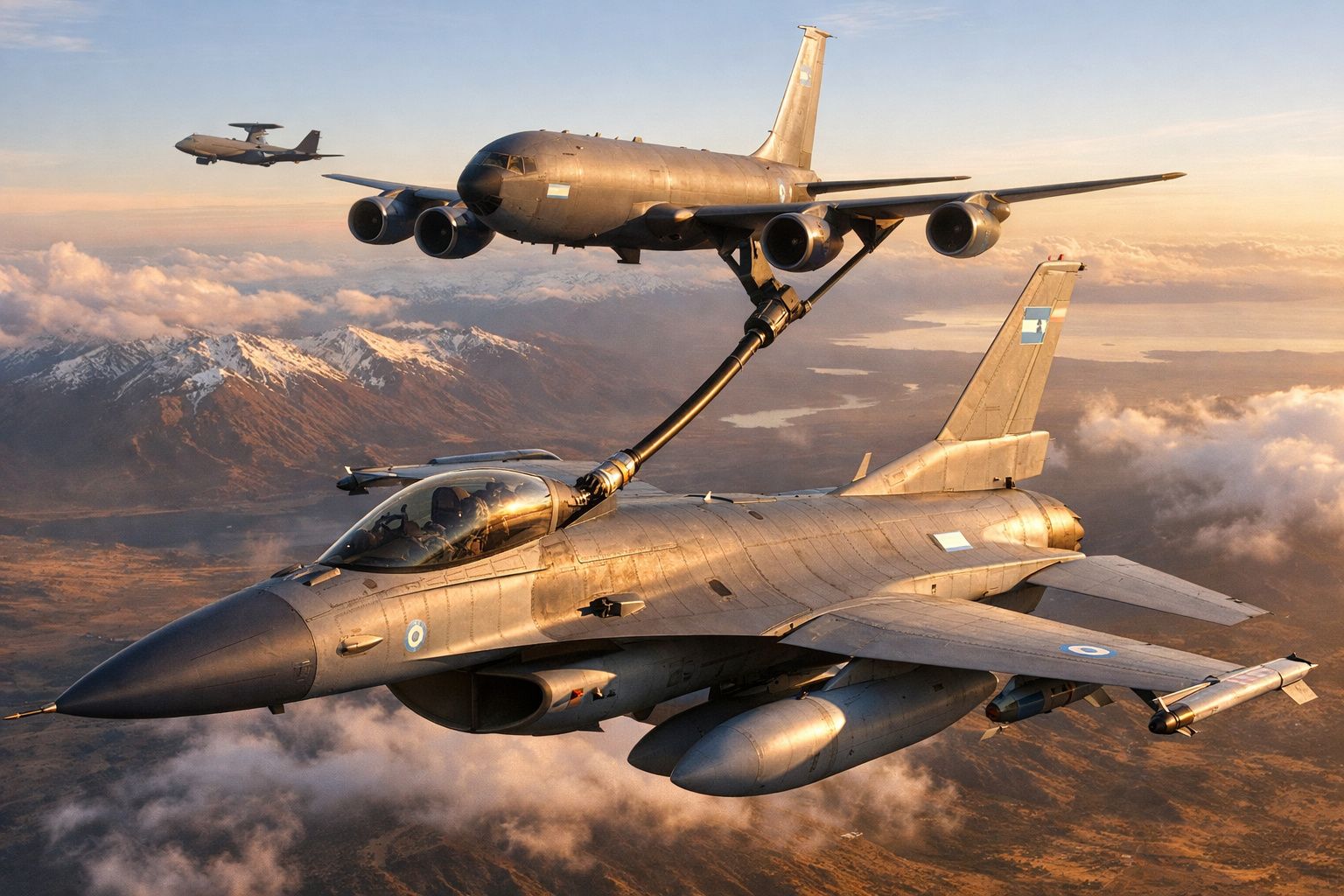 Avião de combate reabastecendo em voo por avião tanque sobre montanhas ao pôr do sol.