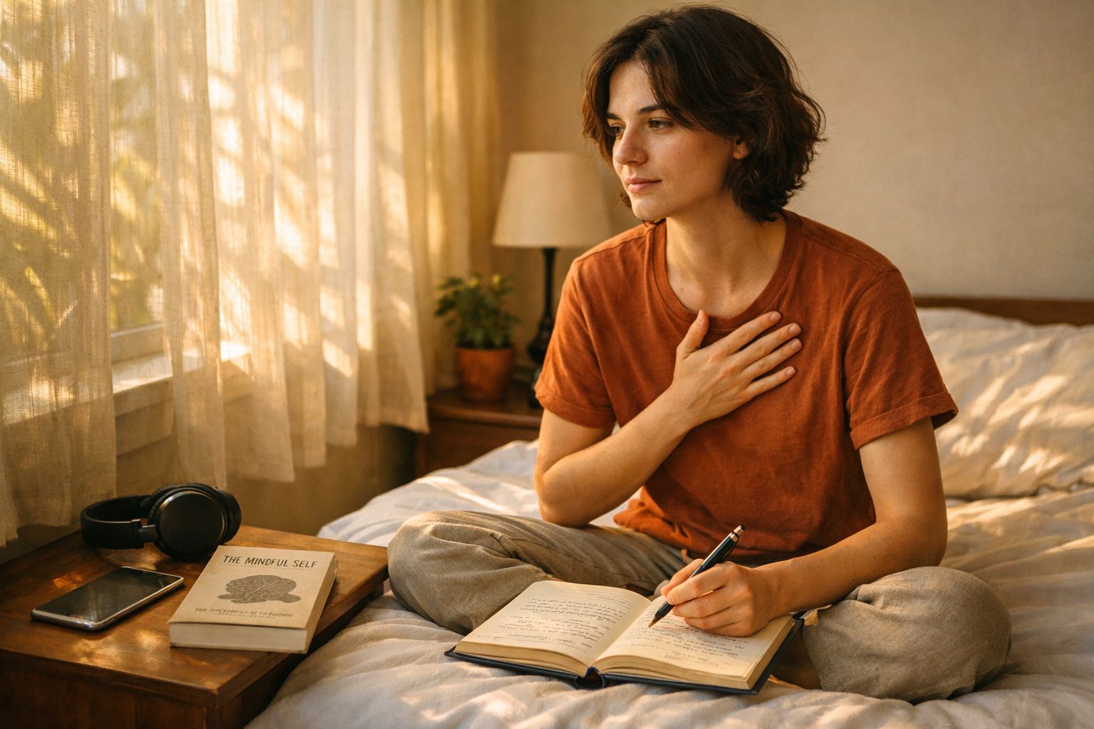 Pessoa sentada na cama escreve num caderno, com mão no peito, rodeada por livro, auriculares e telemóvel.