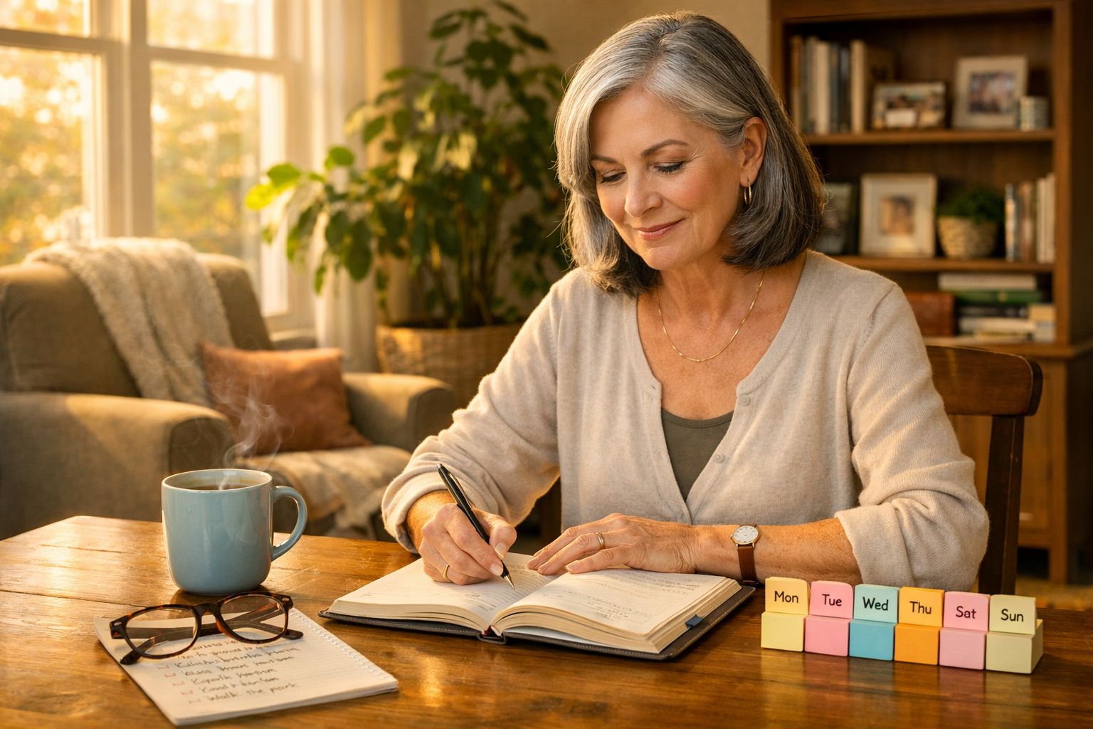 Mulher sorridente a escrever num caderno à mesa com chá quente e blocos de dias da semana coloridos.