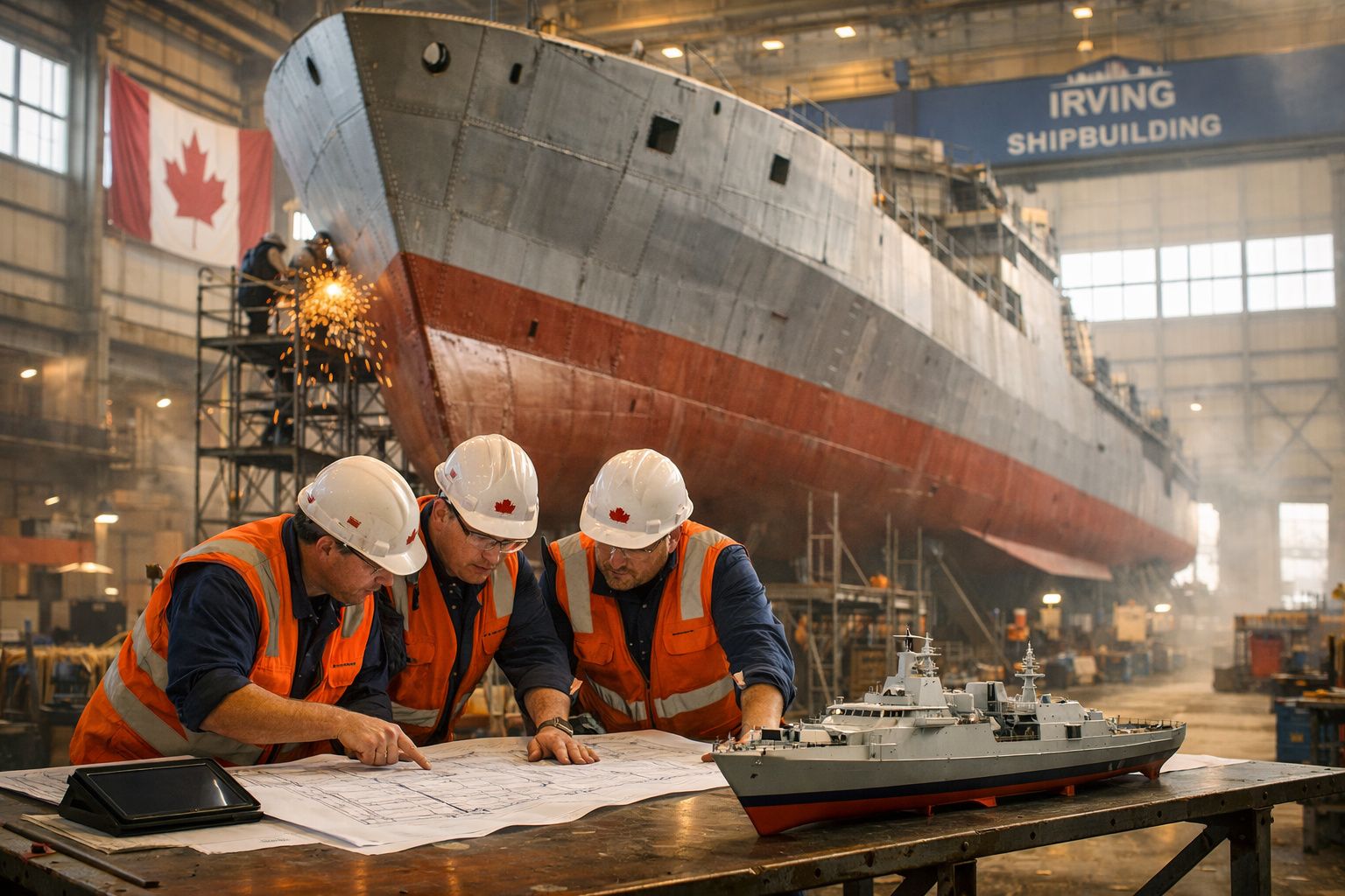 Três trabalhadores com coletes laranja e capacetes consultam plantas junto a modelo de navio numa doca industrial.