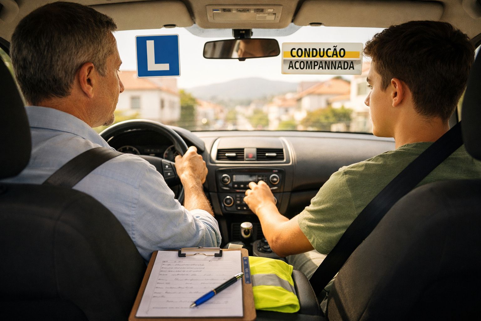 Aluno a conduzir carro com instrutor ao lado, sinais de condução acompanhada e carta de condução visíveis.