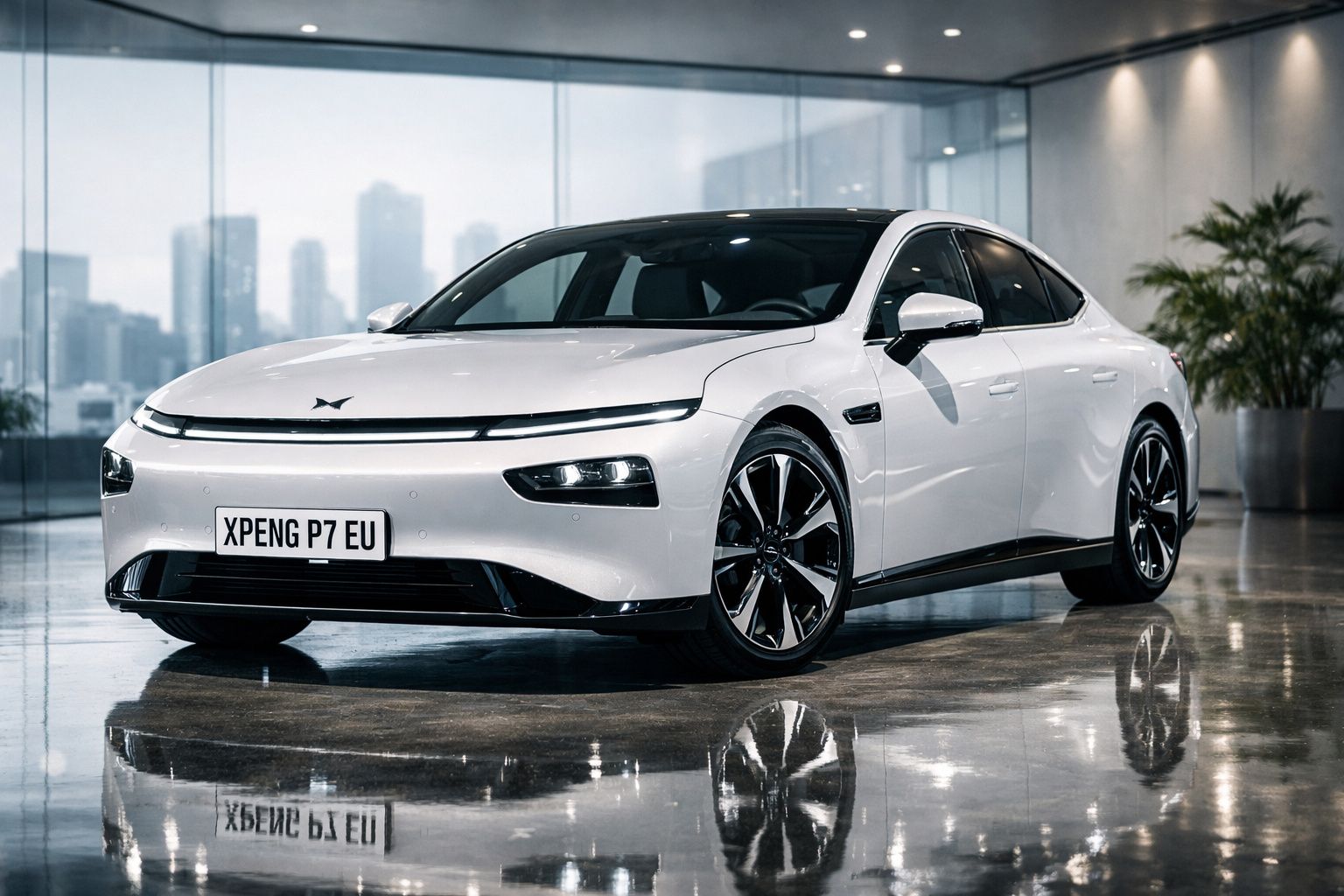 Carro elétrico branco XPeng P7 estacionado em piso refletor dentro de garagem moderna e luminosa.