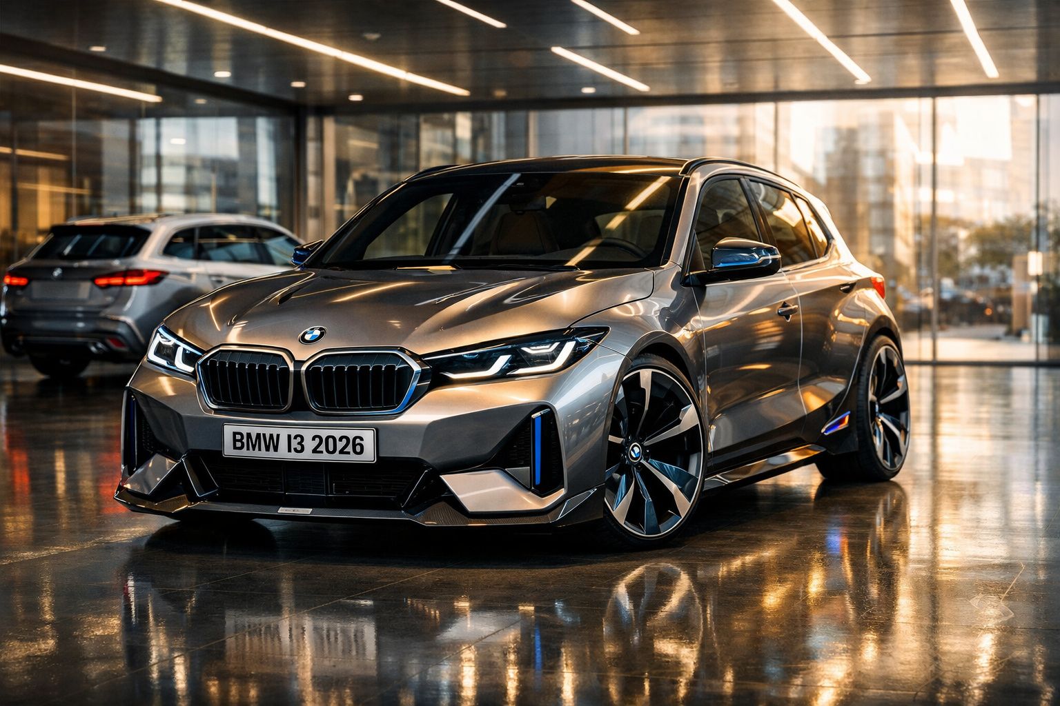 Carro eléctrico BMW i3 2026 prata estacionado em ambiente interior com pavimento refletor.