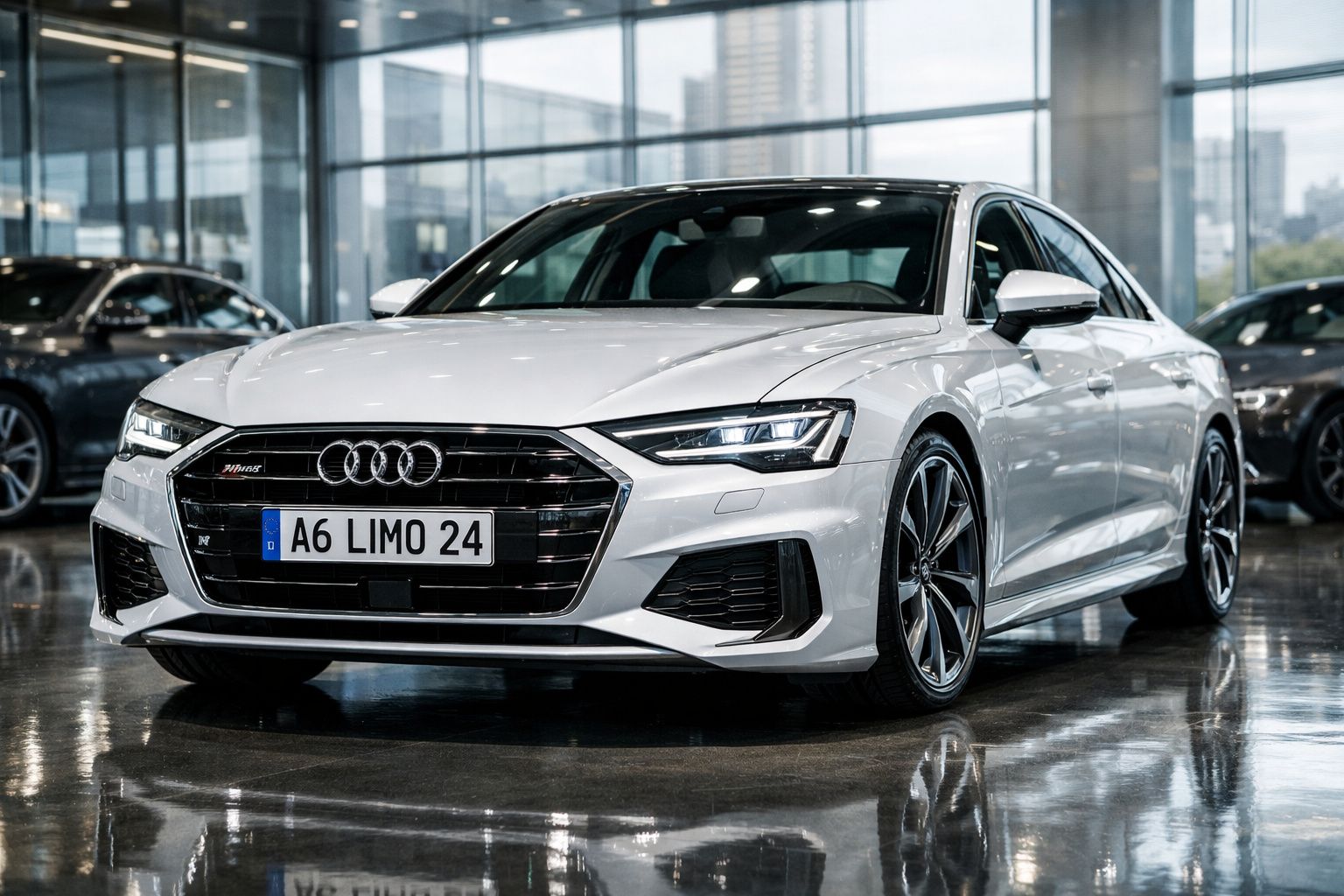 Audi A6 branco estacionado em showroom com chão refletor e carros ao fundo.