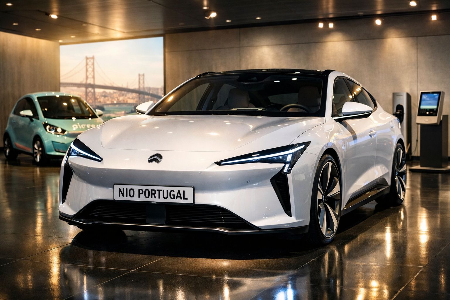 Carro eléctrico branco NIO exposado em salão moderno com ponte e outro carro ao fundo.