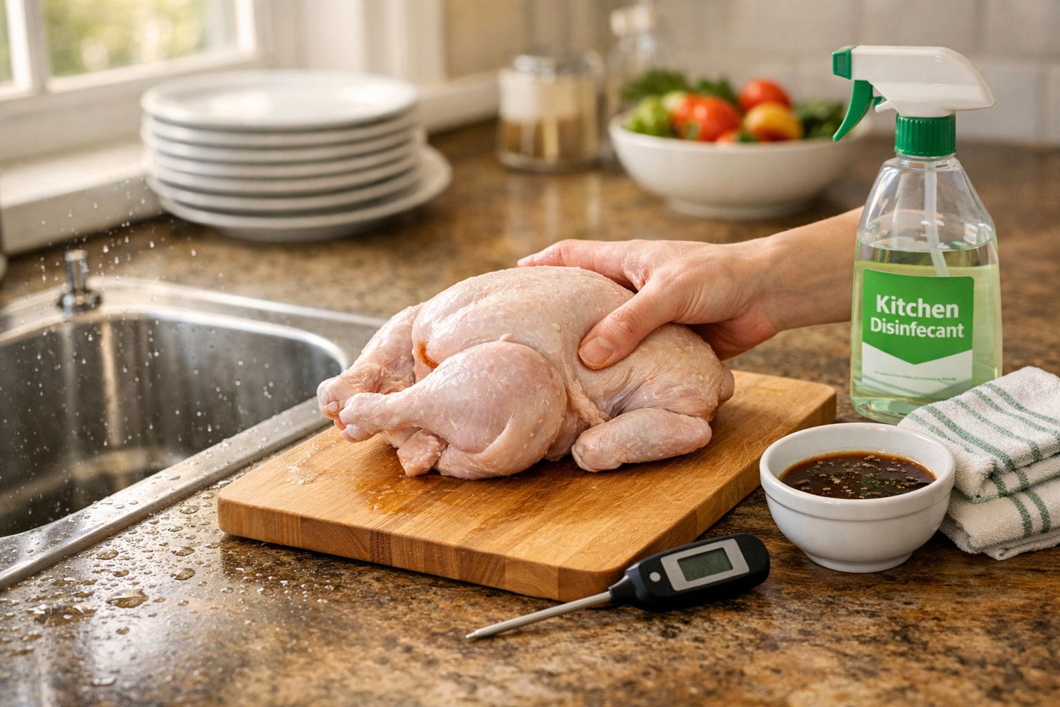 Frango cru numa tábua de cortar, mão a segurá-lo, termómetro de cozinha, molho, e desinfetante na bancada.