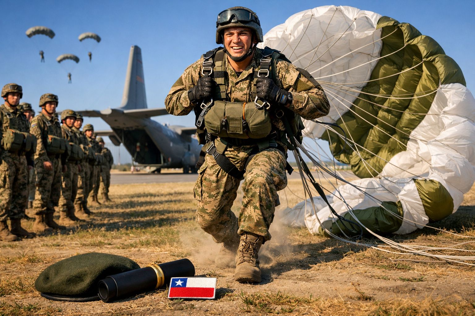 Soldado militar a sorrir após aterragem de paraquedas, com grupo de militares e avião ao fundo.