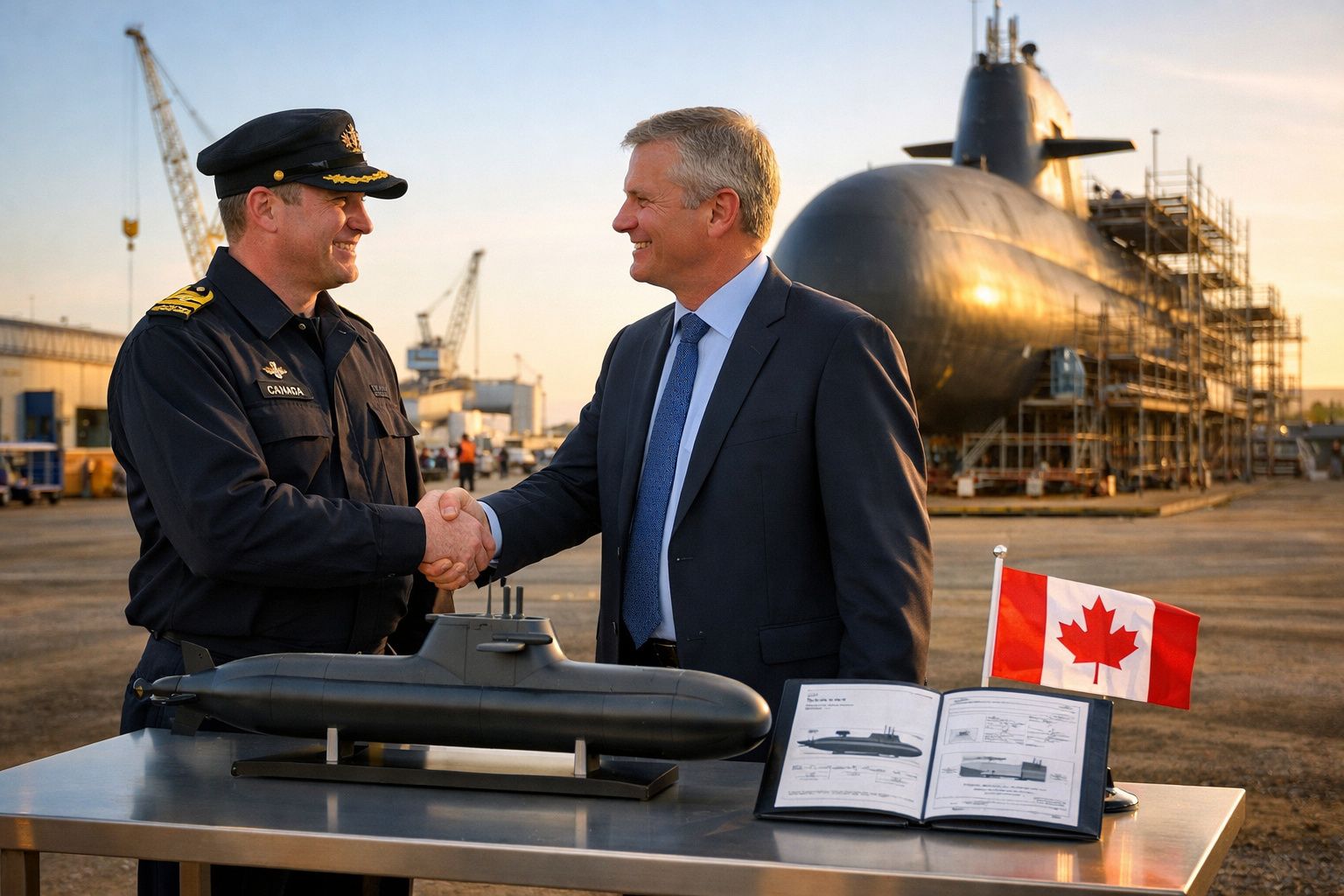 Dois homens cumprimentam-se junto a uma maqueta de submarino e uma bandeira do Canadá num estaleiro naval.
