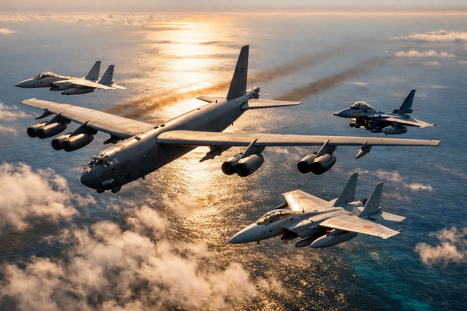 Formação de quatro aviões de combate militares a sobrevoar o mar ao pôr do sol.