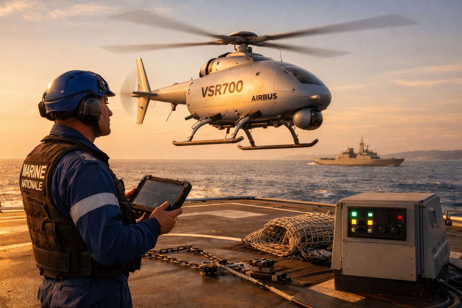 Militar naval controla helicóptero não tripulado Airbus VSR700 no convés de um navio ao pôr do sol.