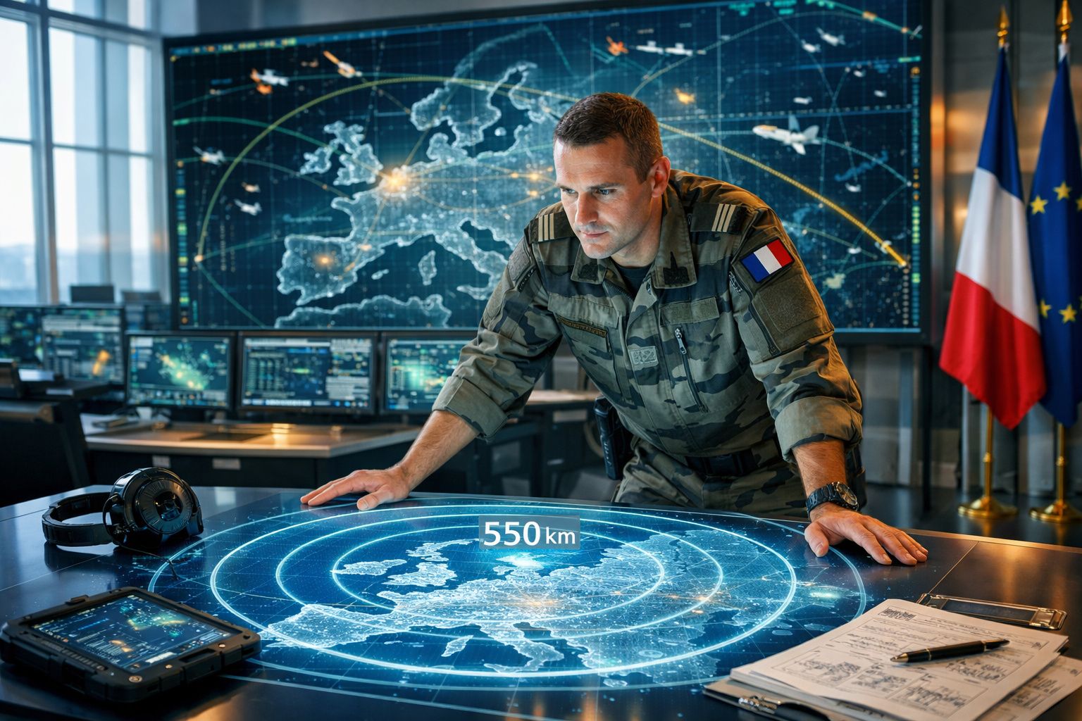Militar francês a analisar um mapa digital estratégico com monitores e bandeiras da França e União Europeia ao fundo.