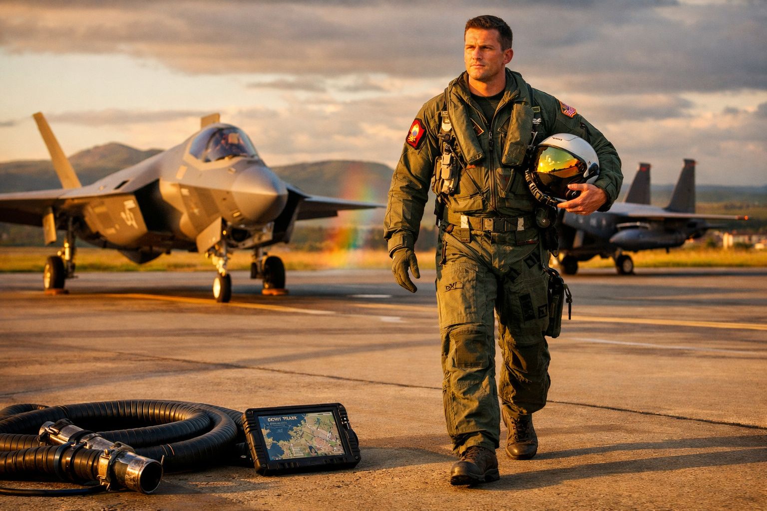 Piloto militar com fato de voo e capacete na mão caminha em pista com jatos militares ao fundo ao pôr do sol.
