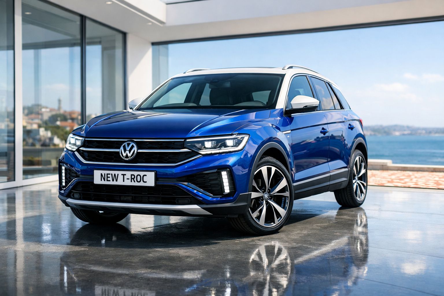 Volkswagen T-Roc azul estacionado em área interior com vista para o mar ao fundo.