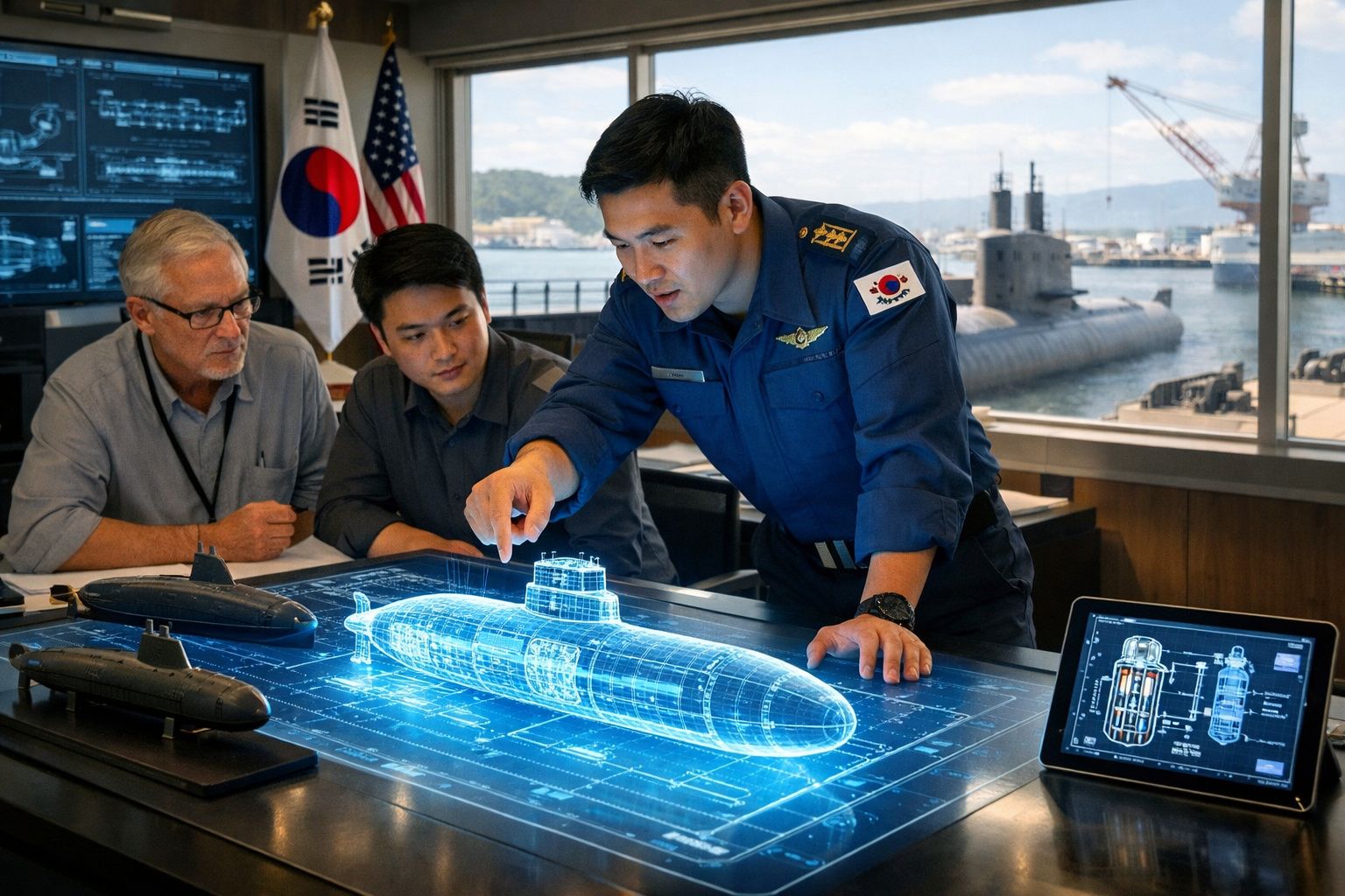 Homens a analisar modelo digital de um submarino numa sala com vista para o porto.