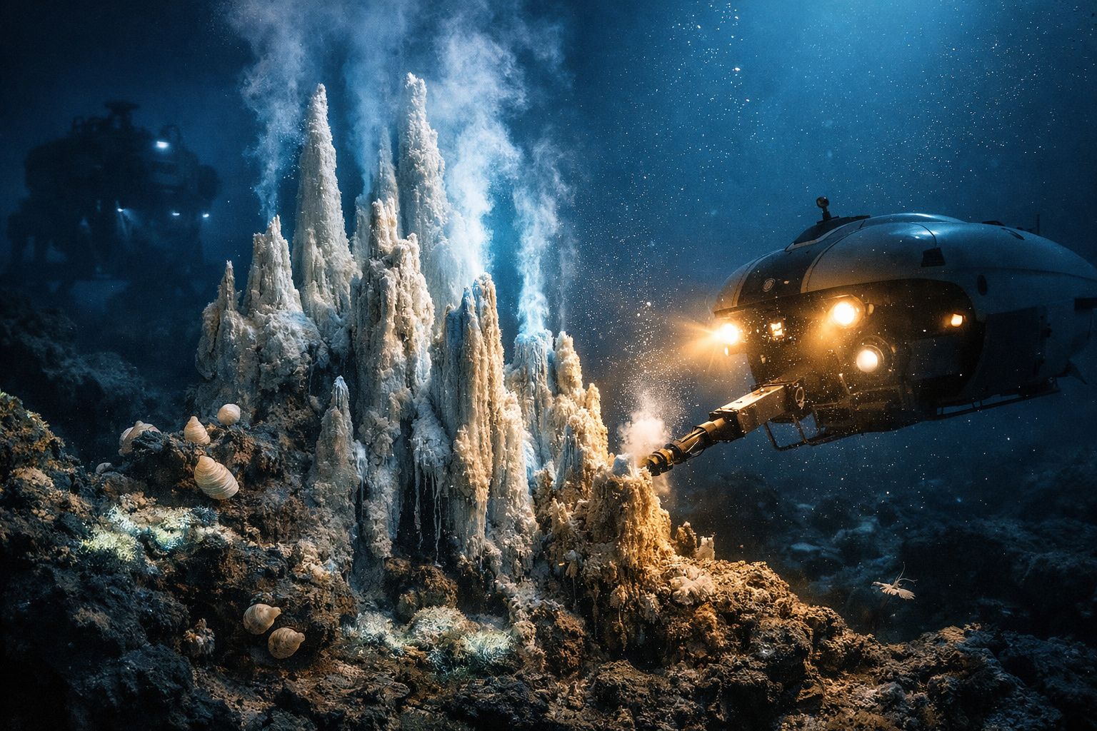 Veículo subaquático explora fontes hidrotermais no fundo do oceano iluminadas por luzes artificiais.