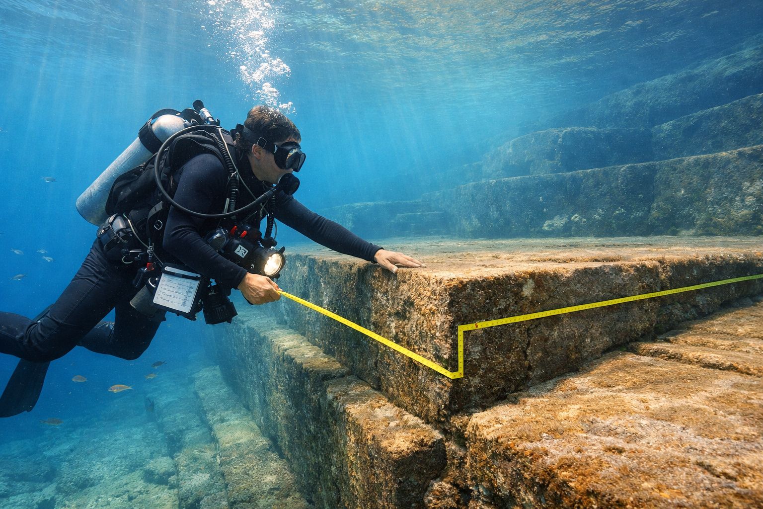 Mergulhador a medir estruturas subaquáticas em degraus de pedra com um metro de medição amarelo.