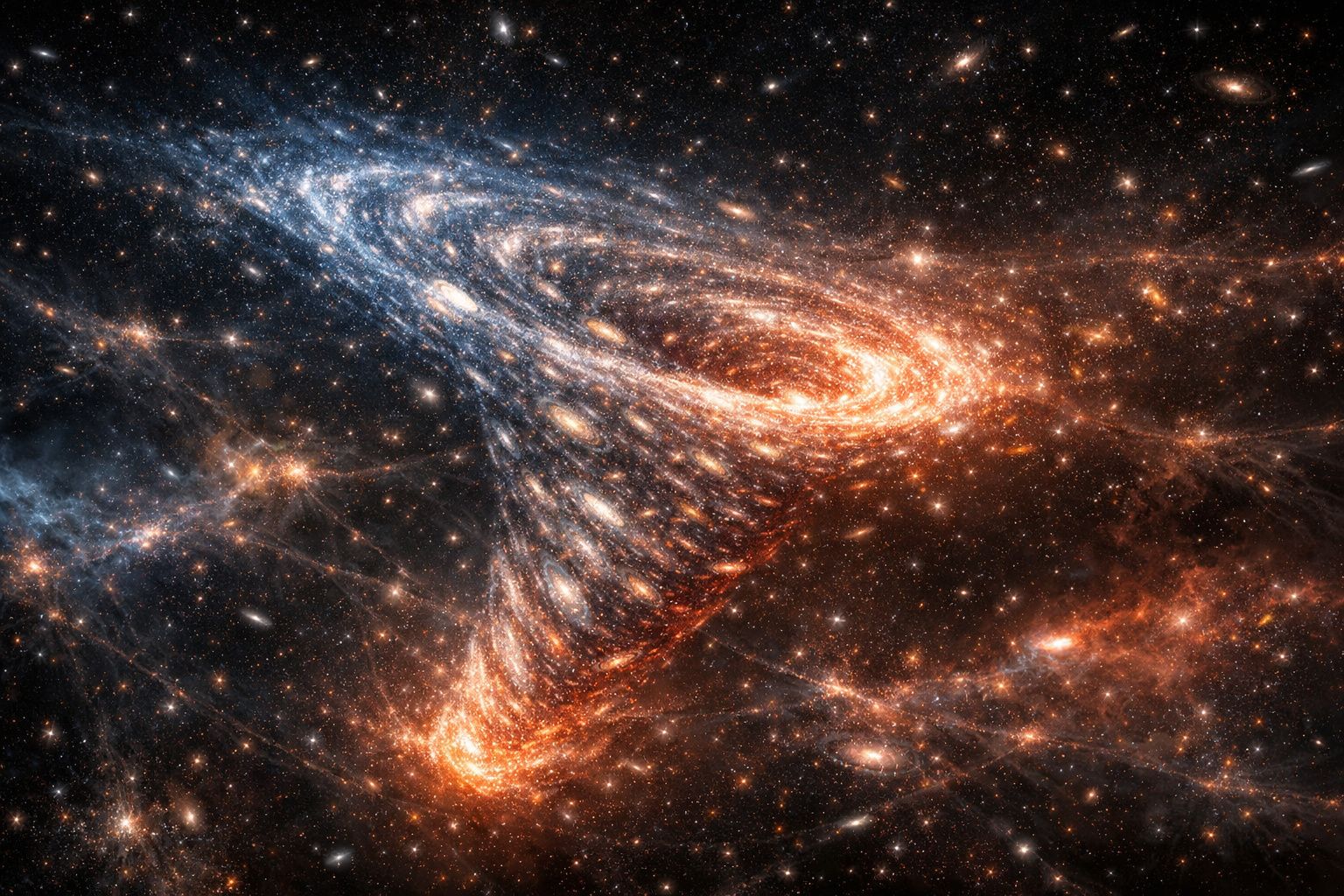 Imagem digital do espaço mostrando galáxias espirais brilhantes em tons laranja e azul interagindo, com estrelas ao fundo.