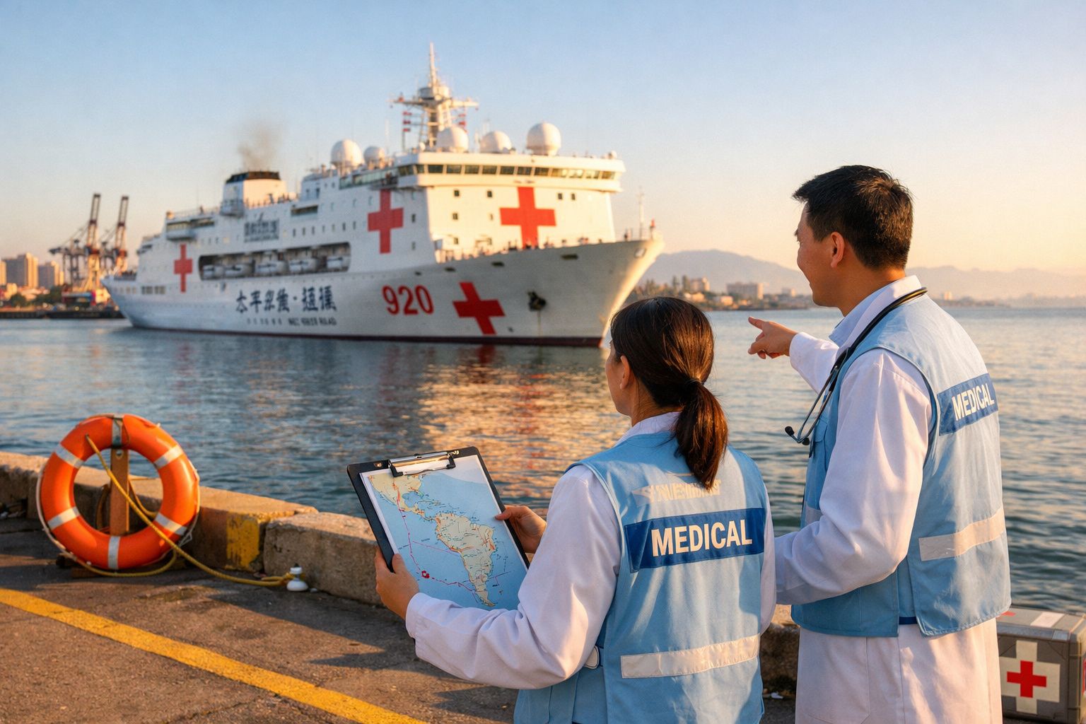Dois profissionais médicos observam um navio hospital com cruz vermelha ancorado no porto ao pôr do sol.