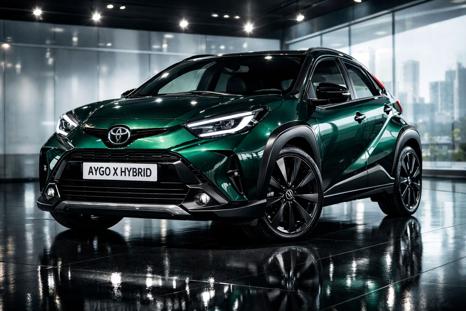 Toyota Aygo X Hybrid verde escuro estacionado em interior moderno com rodas pretas e design compacto.