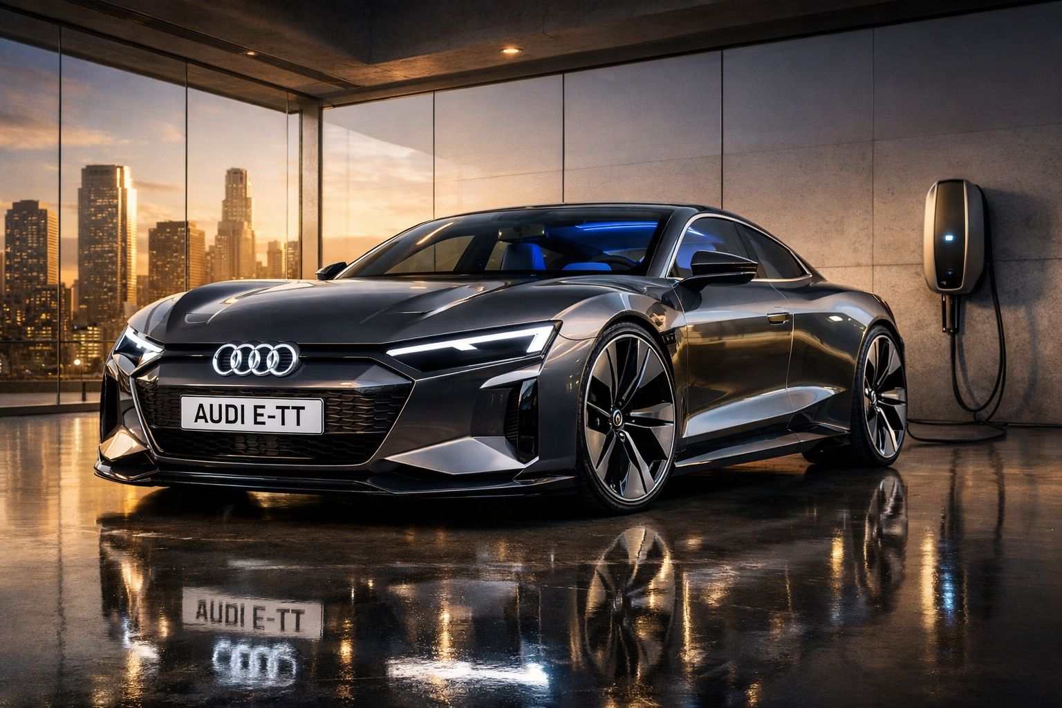 Carro elétrico Audi E-TT cinzento estacionado em garagem moderna com vista para cidade ao pôr do sol.
