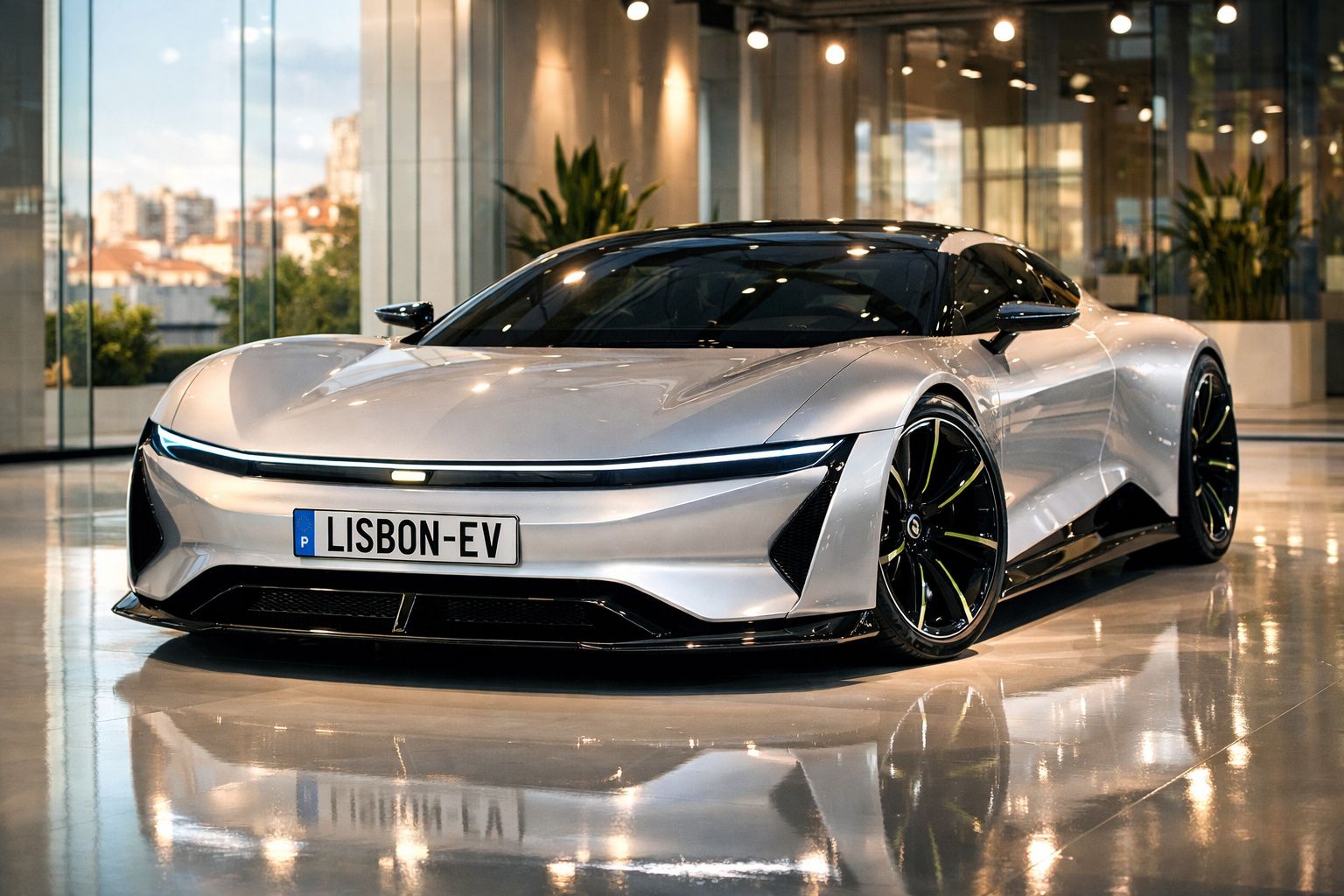 Carro elétrico desportivo prateado em exposição num espaço moderno com janelas de vidro grandes.