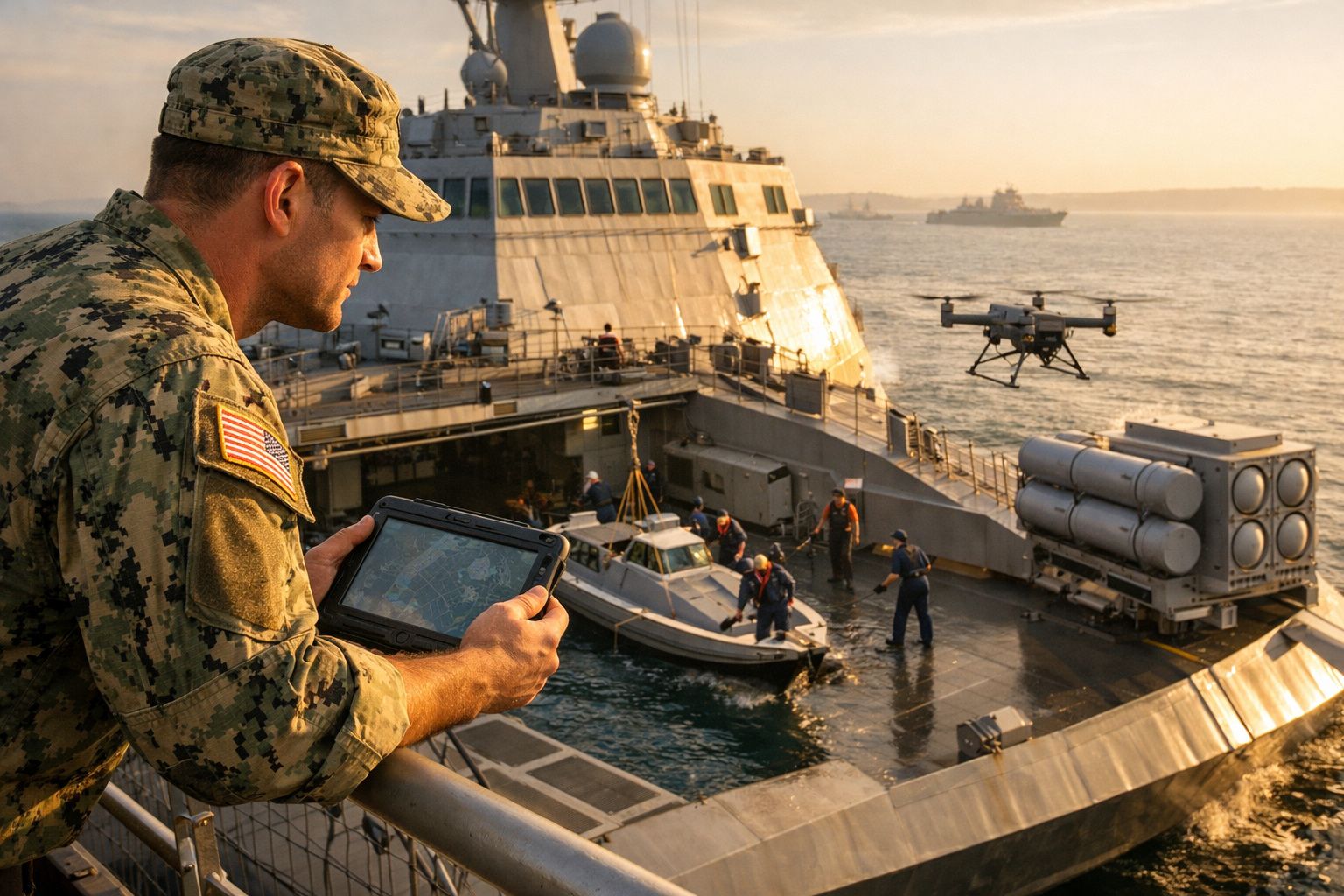 Soldado controla drone com comando num navio militar ao pôr do sol, enquanto outros manipulam um barco.