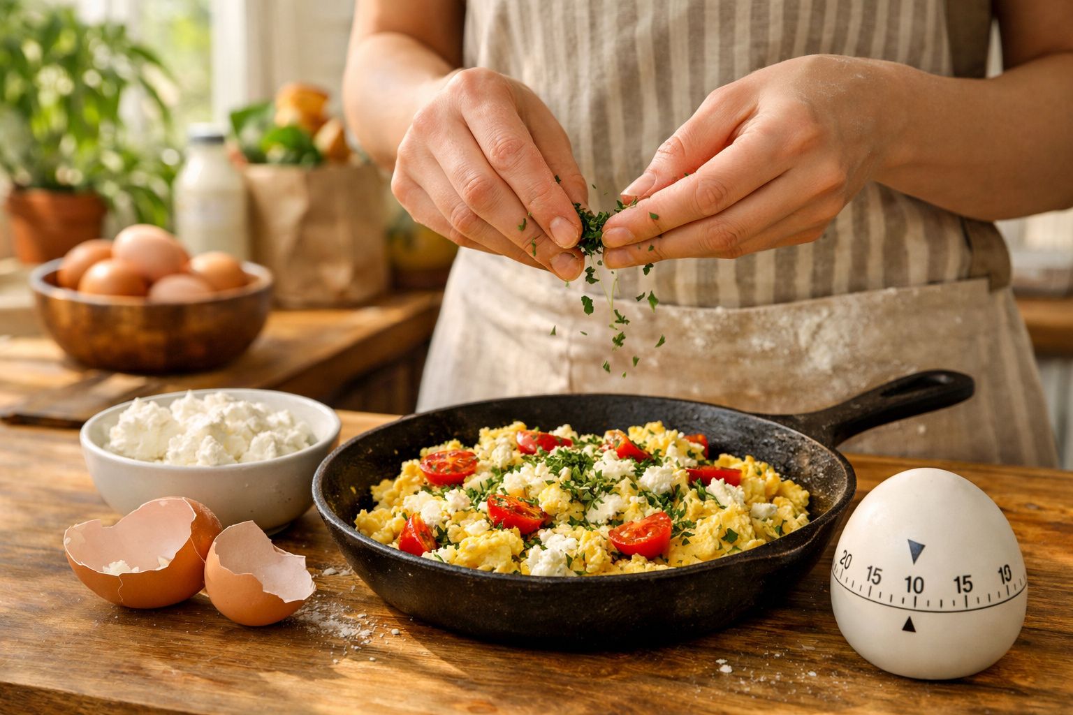 Pessoa a polvilhar ervas frescas em queijo fresco com tomate e ovos mexidos numa frigideira.