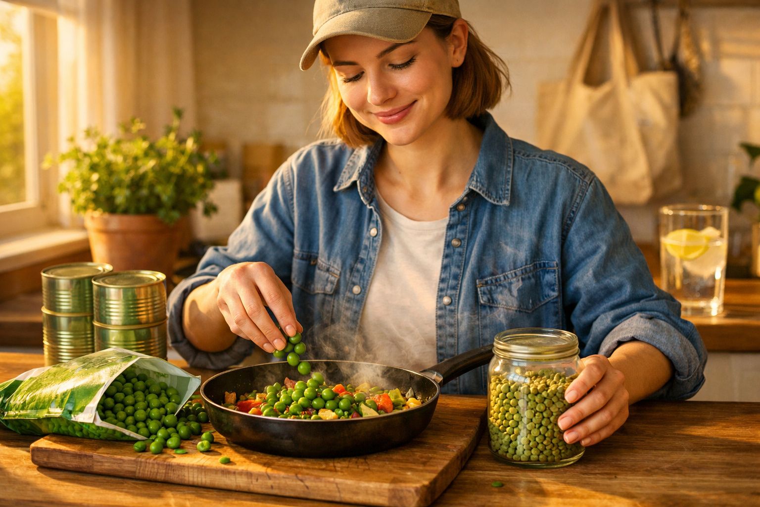 Mulher sorridente a cozinhar legumes frescos numa frigideira numa cozinha iluminada e acolhedora.