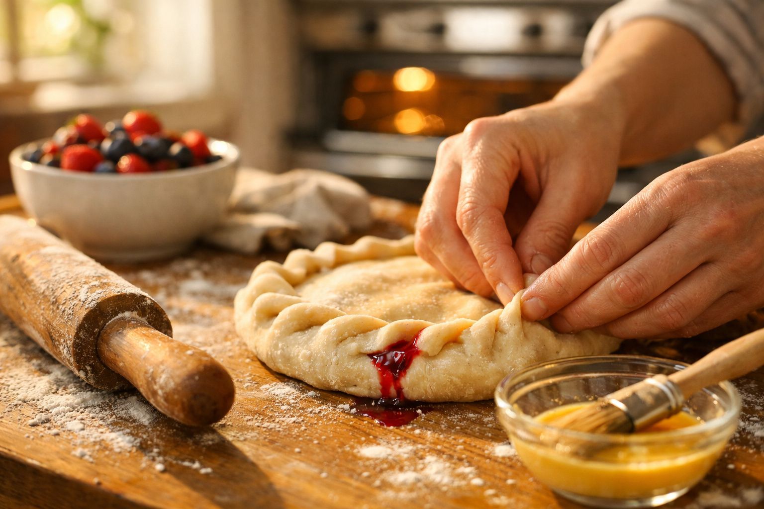 Mãos a fechar uma tarte caseira com recheio de frutos vermelhos, num tabuleiro de madeira com ingredientes ao redor.