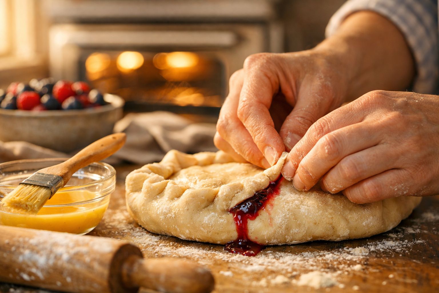Mãos a fechar uma tarte rústica com recheio de frutos vermelhos, forno aceso ao fundo e ingredientes à volta.