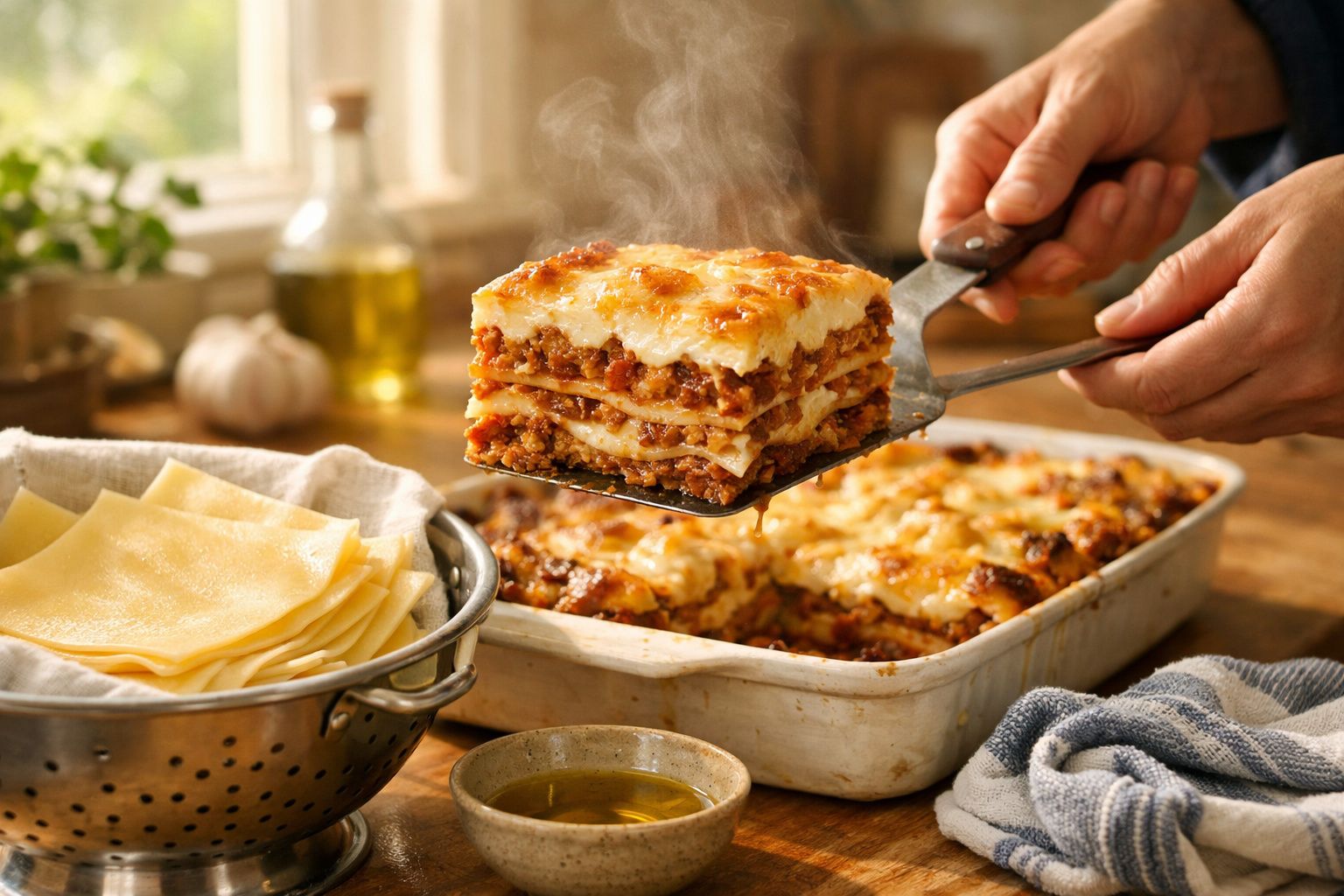 Mãos a servir uma fatia quente de lasanha com carne num tabuleiro, ao lado de folhas de massa fresca.