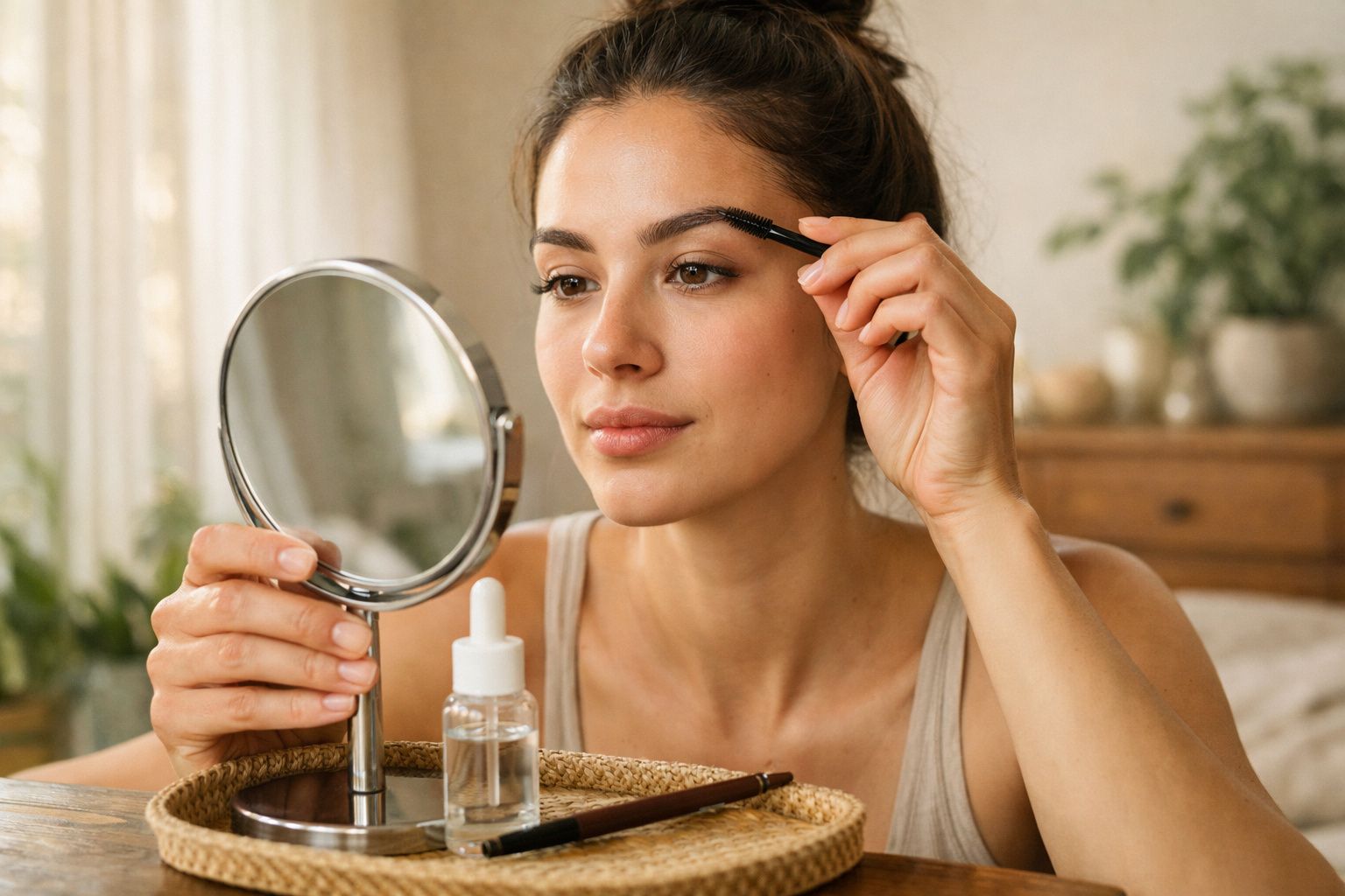 Mulher a pentear as sobrancelhas com escova enquanto se olha ao espelho em ambiente acolhedor.