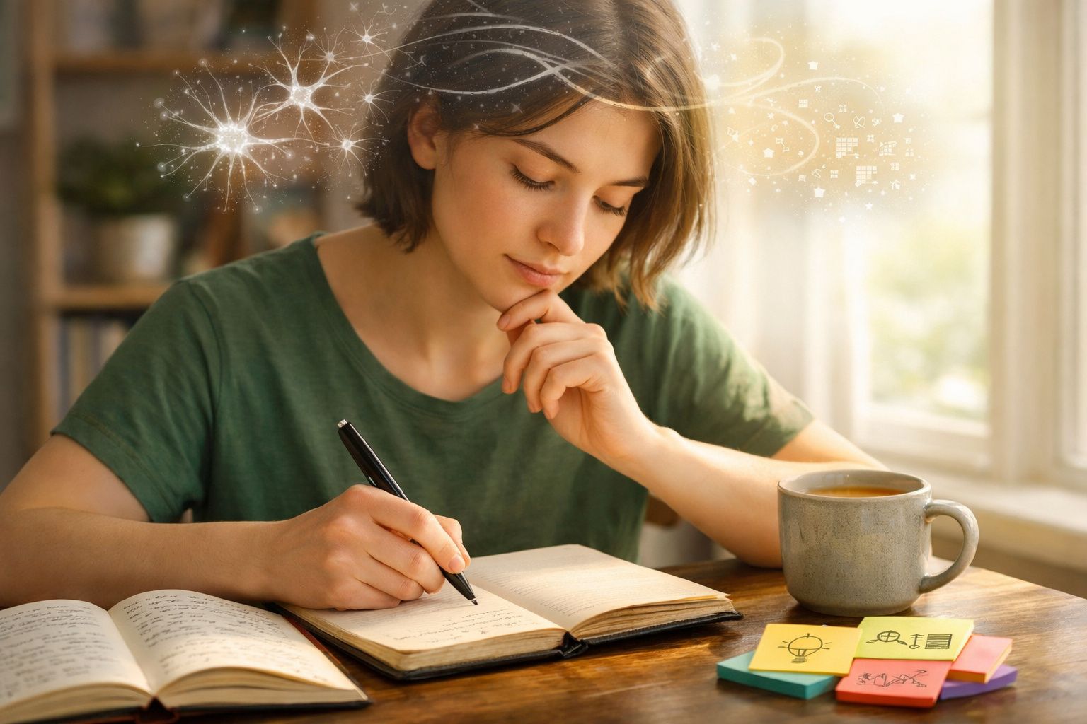 Jovem a escrever num caderno, concentrada, com chá numa caneca e livros à sua frente, luz natural a entrar pela janela.