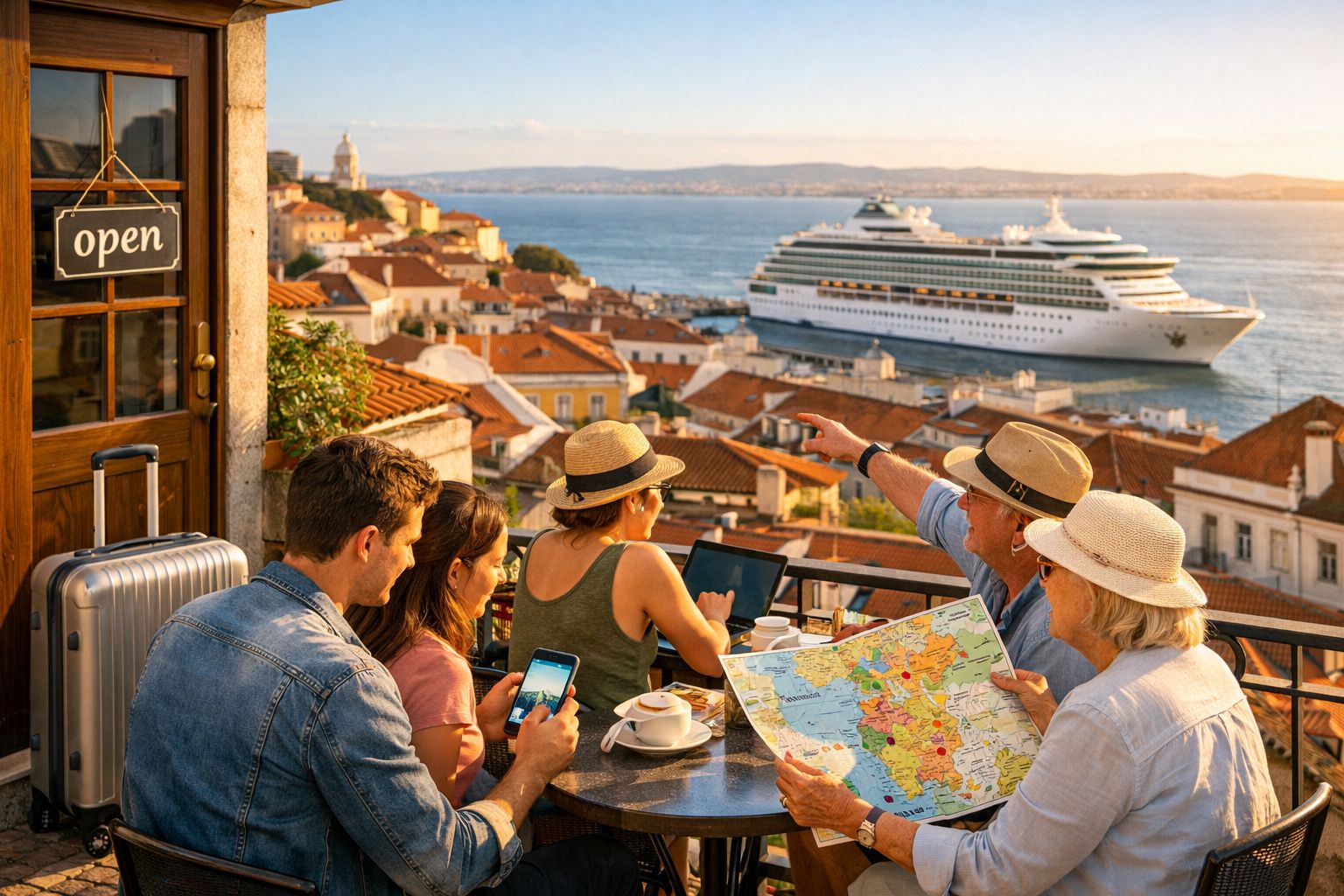 Grupo de turistas com café, mapa e dispositivos numa esplanada com vista para um cruzeiro no mar.