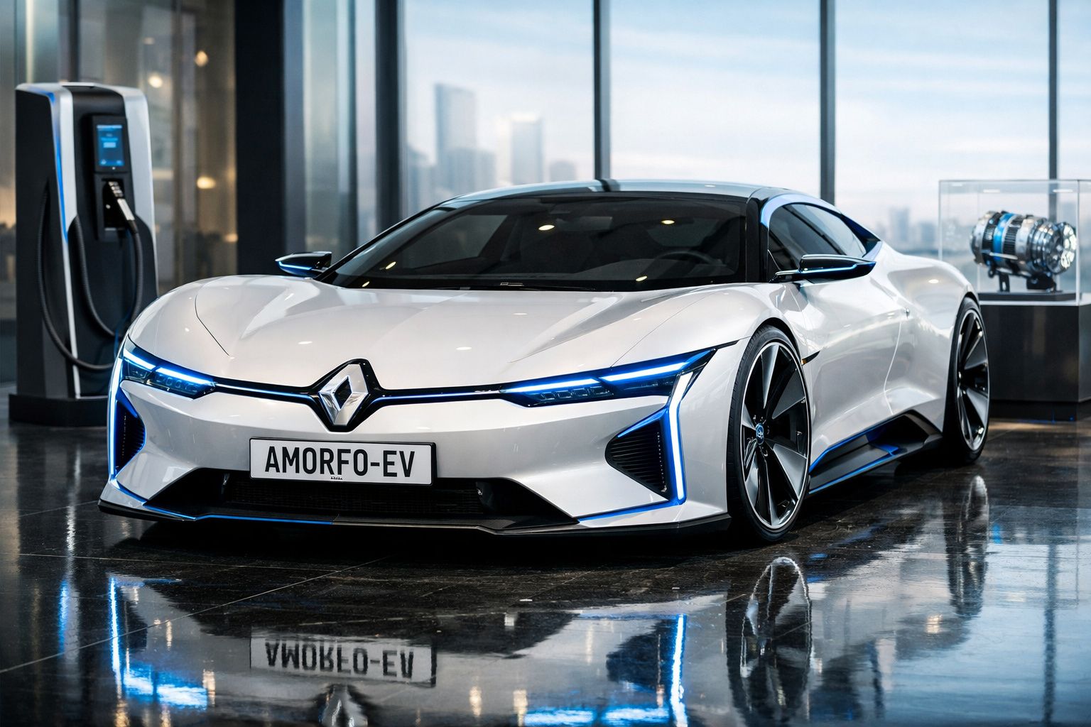 Carro elétrico desportivo branco da Renault com luzes azuis, em ambiente interior moderno.