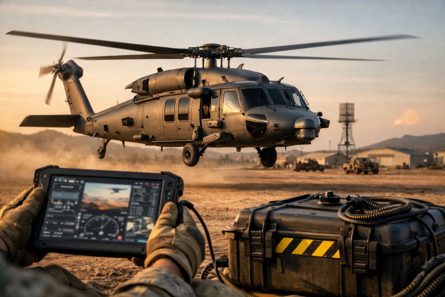 Helicóptero militar descolando no deserto, visto através do ecrã de controlo remoto de um operador.