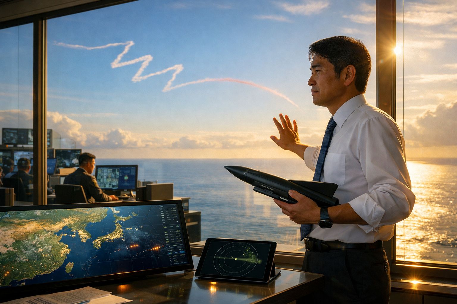 Homem de negócios com foguete em escritório com vista para o mar e gráficos tecnológicos ao pôr do sol.