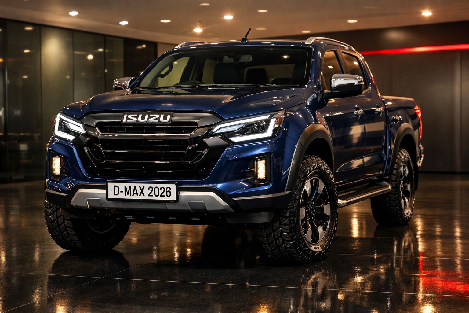 Picape Isuzu D-Max 2026 azul escura estacionada em piso de interior refletivo, vista frontal e lateral.