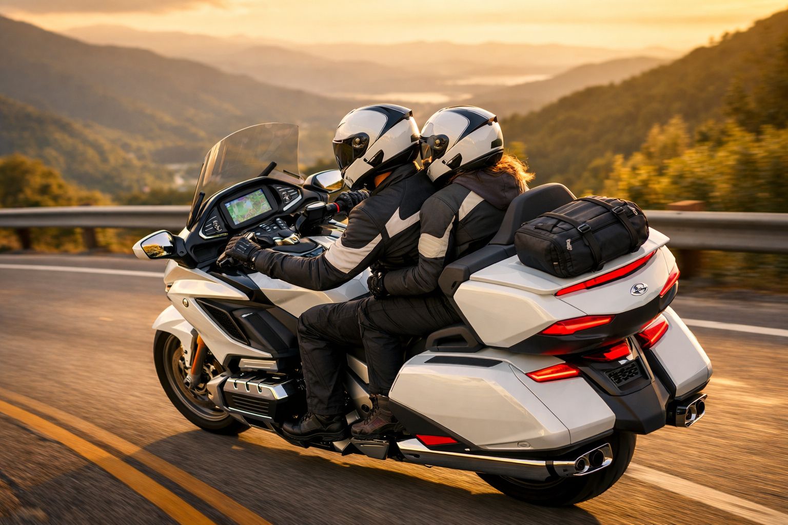 Duas pessoas de fato e capacete conduzem mota branca numa estrada sinuosa ao pôr do sol em zona montanhosa.