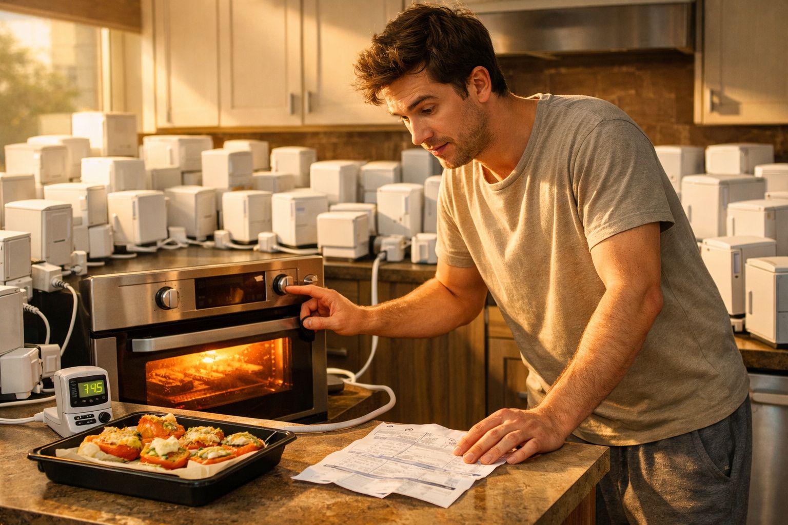 Homem a ajustar forno numa cozinha cheia de pequenos aparelhos eléctricos ligados.