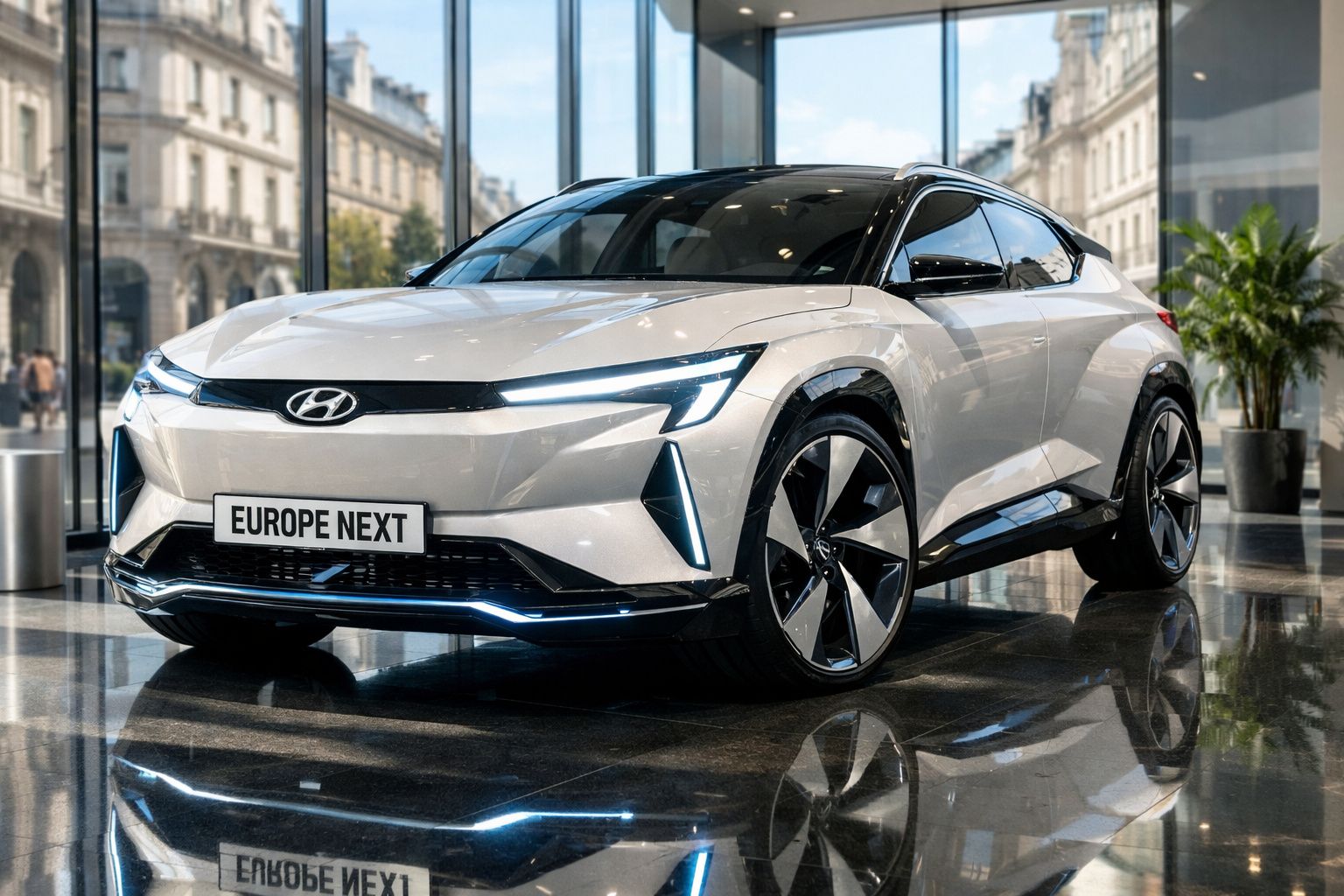 Carro elétrico Hyundai branco estilizado em exposição numa sala com paredes de vidro e chão refletor.