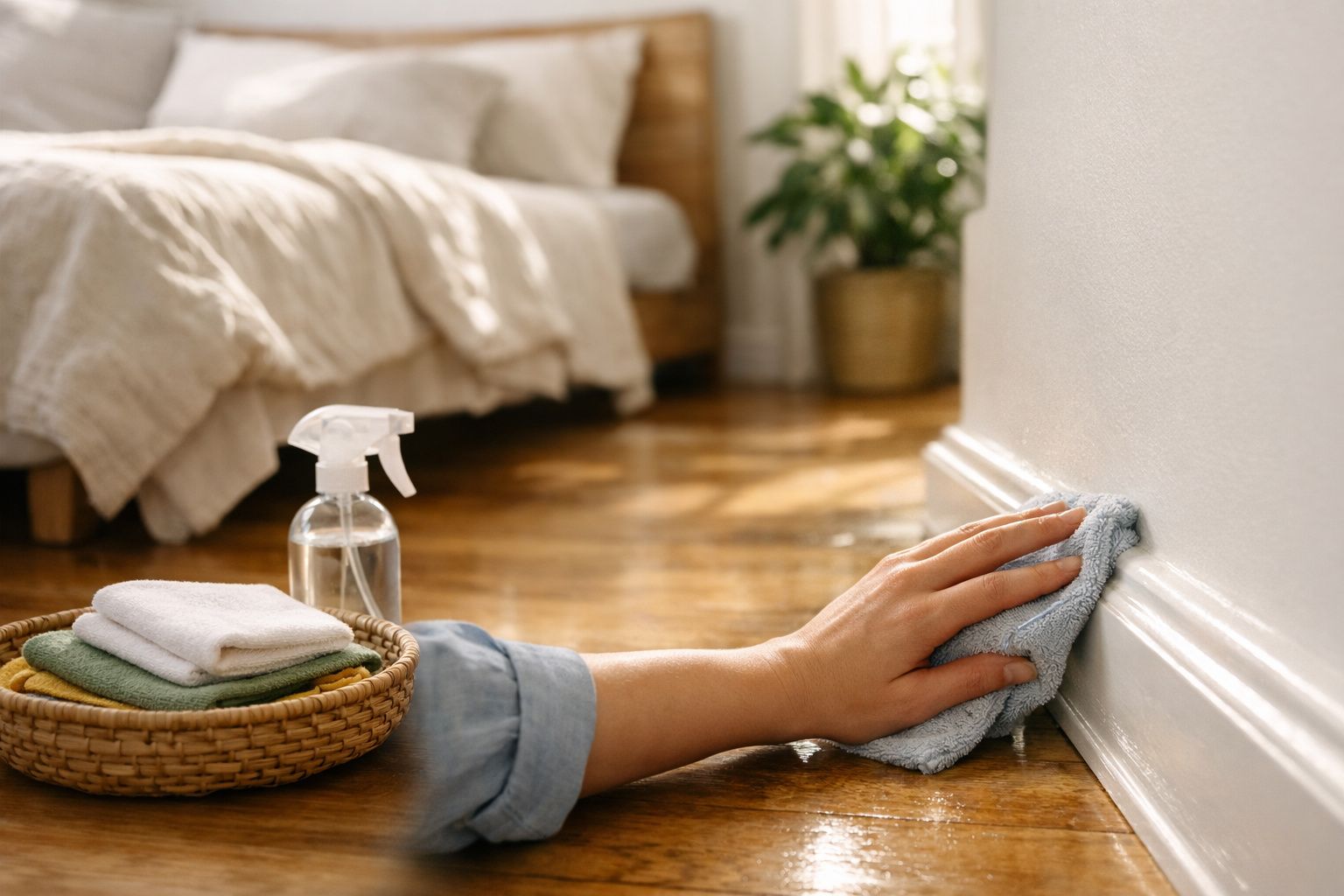 Pessoa a limpar a parede branca junto ao chão de madeira com um pano azul num quarto arrumado.