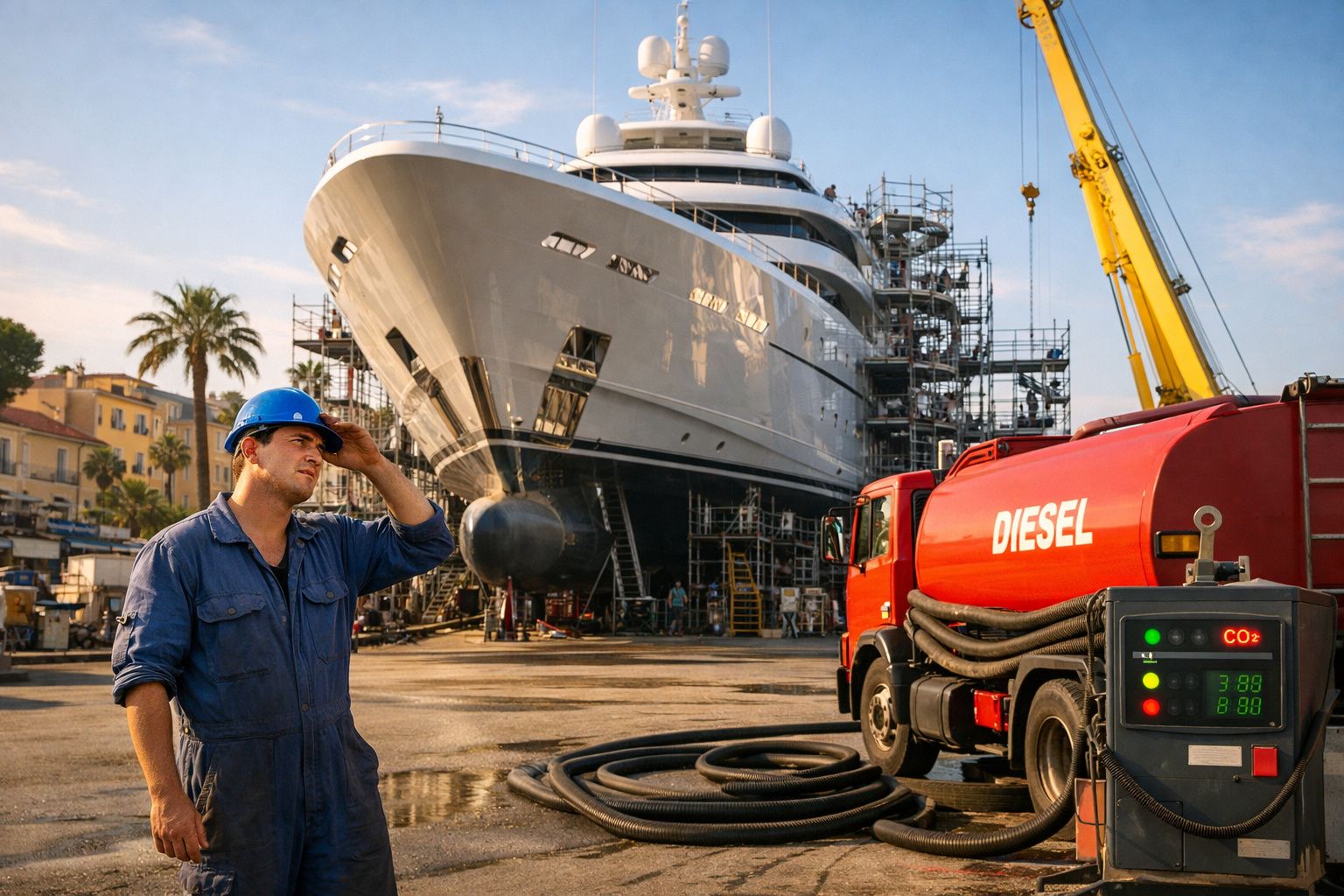 Trabalhador com capacete azul junto a iate grande em estaleiro com camião tanque de combustível diesel vermelho.