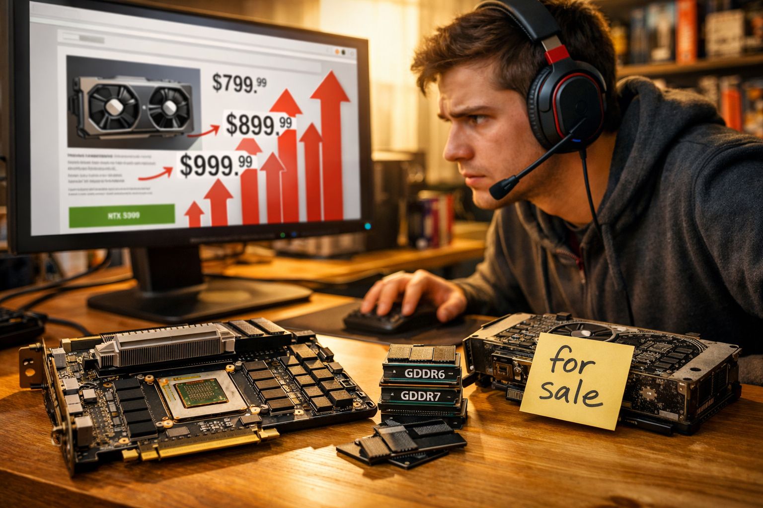 Homem com auscultadores a analisar preços crescentes de placas gráficas enquanto vende componentes de hardware usados.