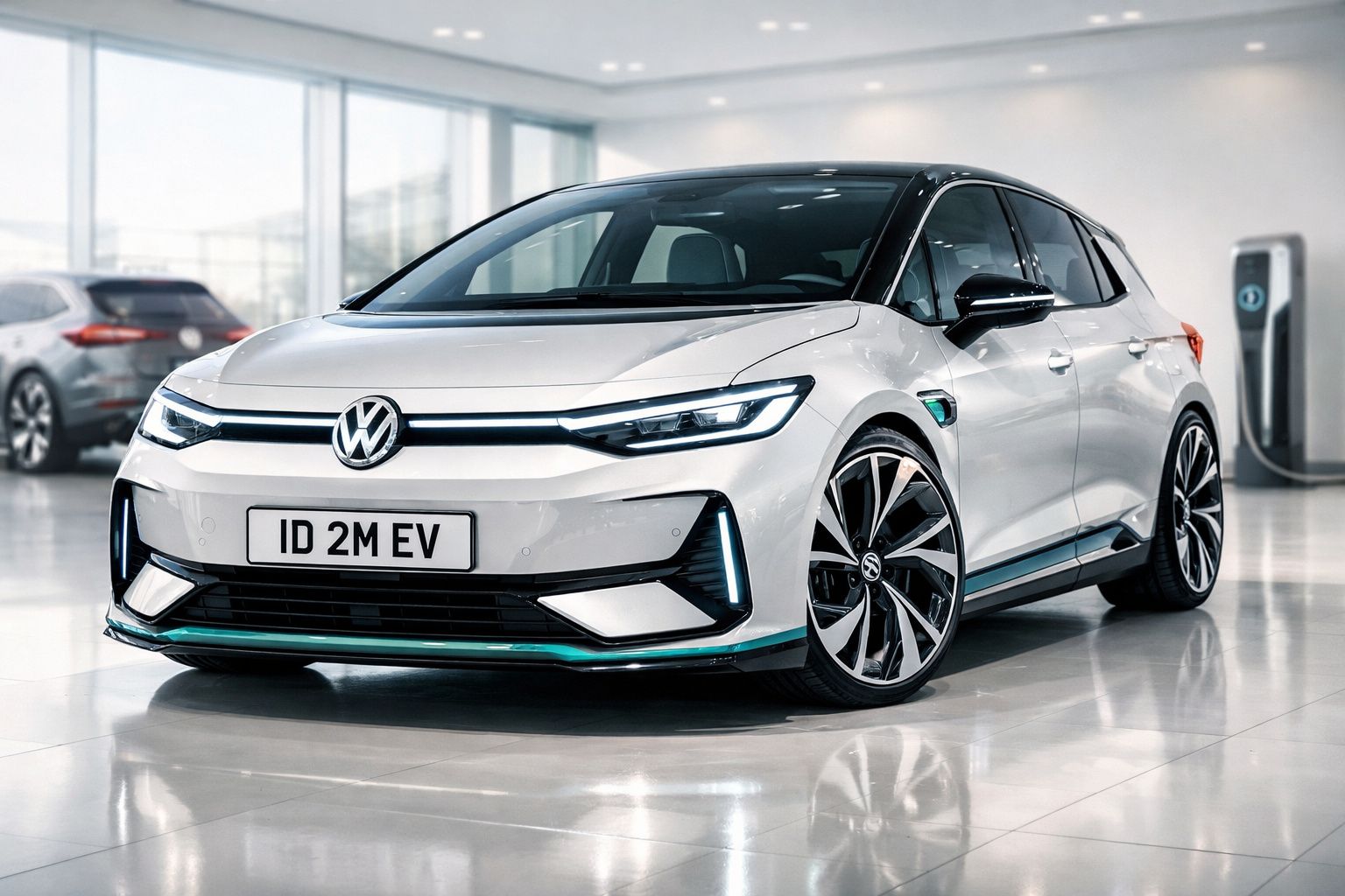 Carro elétrico Volkswagen ID. 2 M EV branco em showroom moderno com carregador ao fundo.