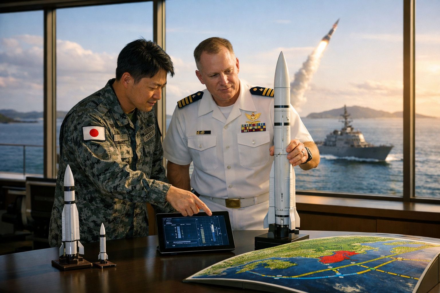 Dois oficiais militares, um japonês e outro americano, analisam modelos de foguetões e dados num tablet, com um navio ao fund
