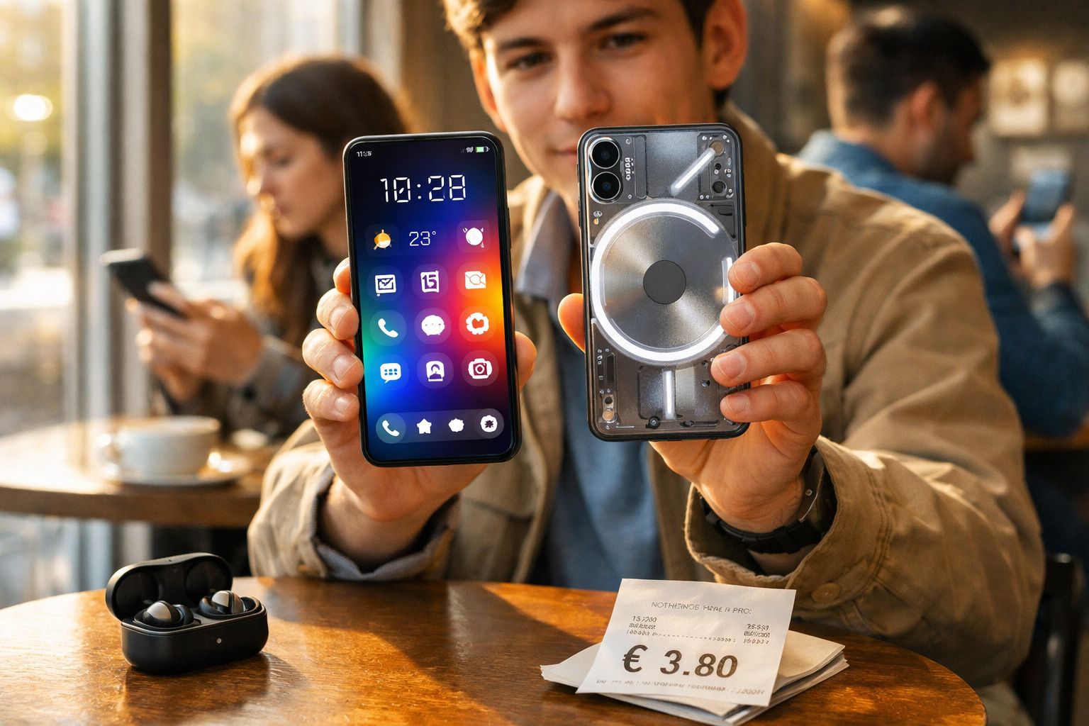 Pessoa mostra dois smartphones, um com ecrã ligado e outro com capa traseira transparente, numa cafetaria.