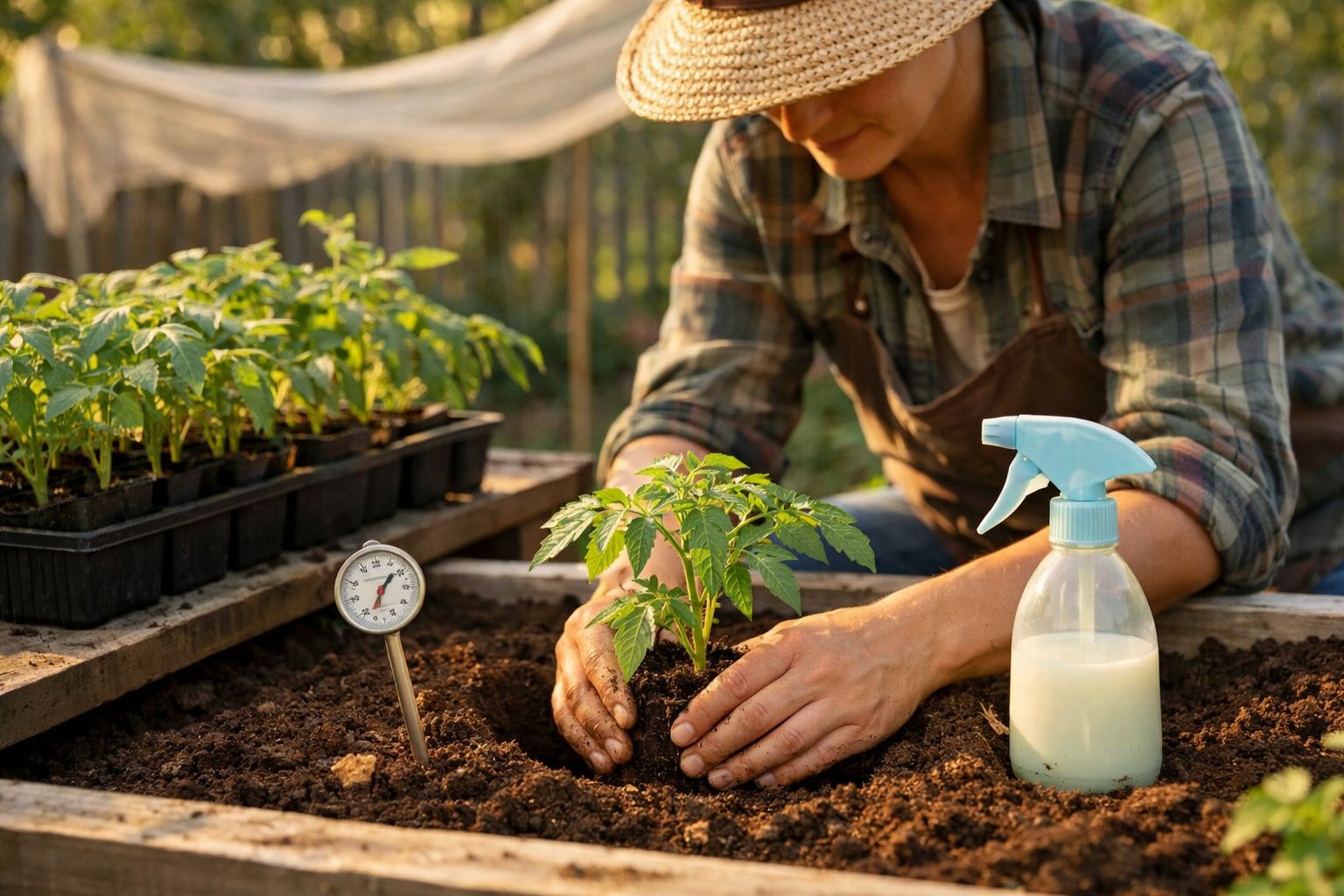Pessoa a plantar uma muda de tomateiro num canteiro de cultivo com termómetro e pulverizador por perto.