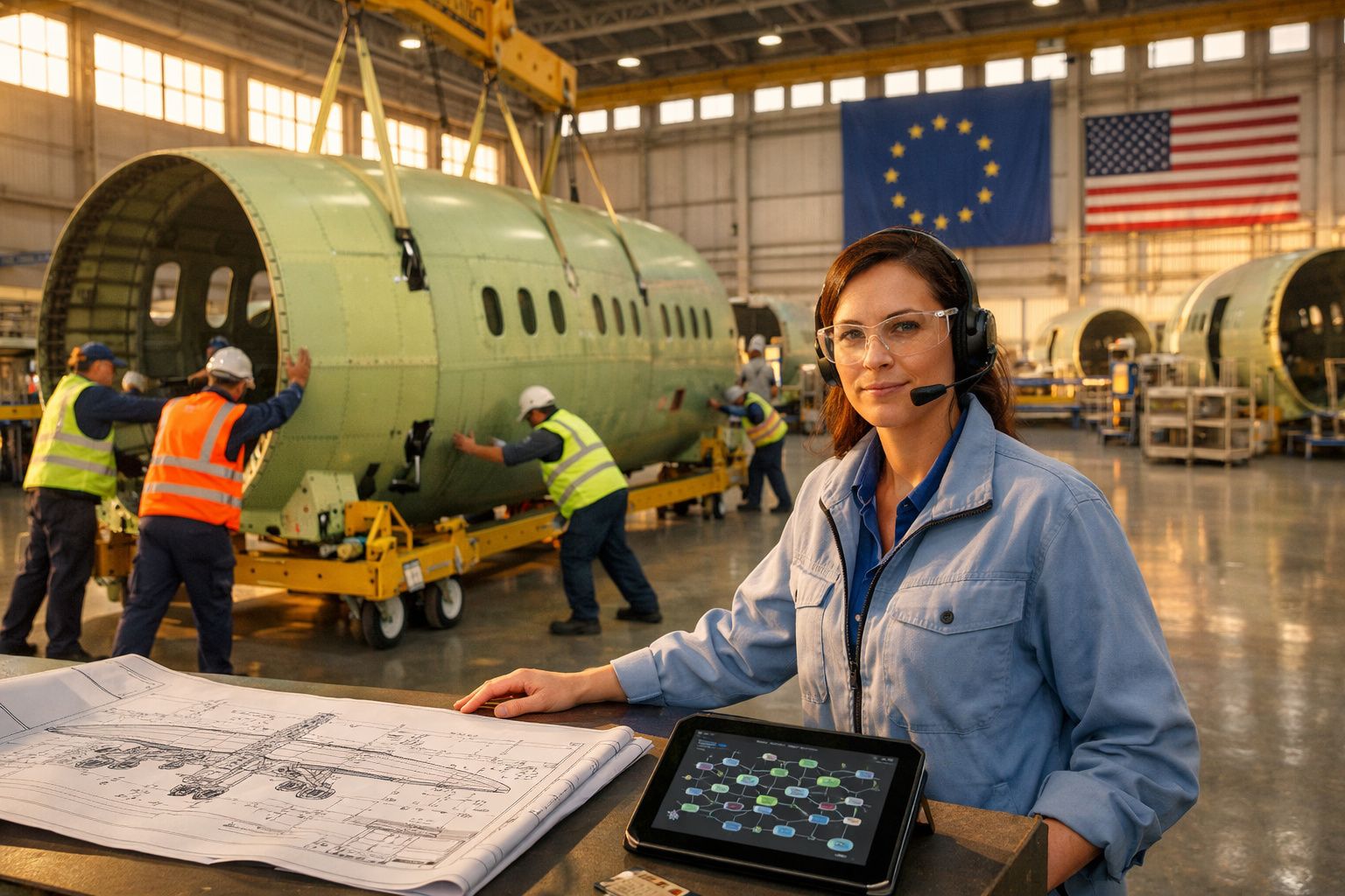 Engenheira com tablet e plantas na fábrica de montagem de aviões, trabalhadores e bandeiras da UE e EUA ao fundo.