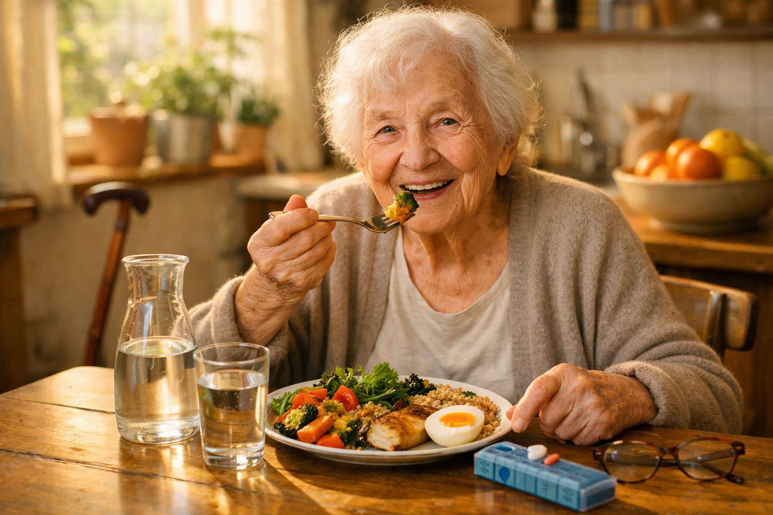 Idosa feliz a comer uma refeição saudável com legumes, ovo e peixe numa cozinha acolhedora.